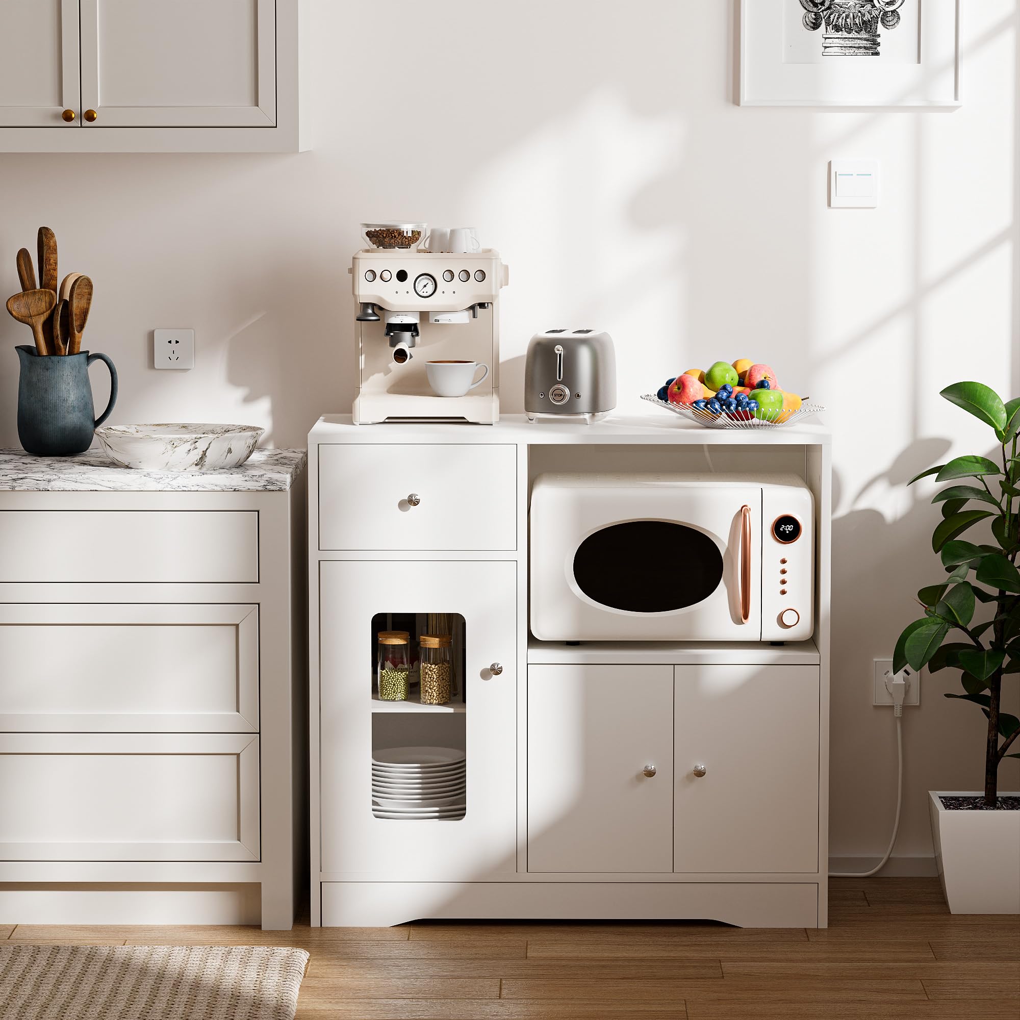 Aparador Cocina Mueble Auxiliar de Cocina Armario Buffet con Enchufe y LED, Mueble Microondas Cocina para Sala de Comedor Salón(Blanco, 83 x 40 x 80 cm)