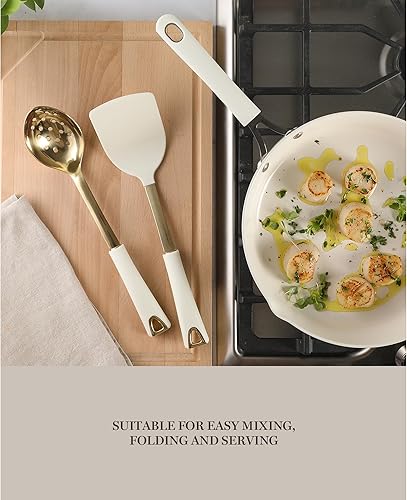 Miniatura 4 de Martha Stewart Lockton - Juego de 2 giradores de cocina de acero inoxidable y nailon y cuchara ranurada, lino con dorado