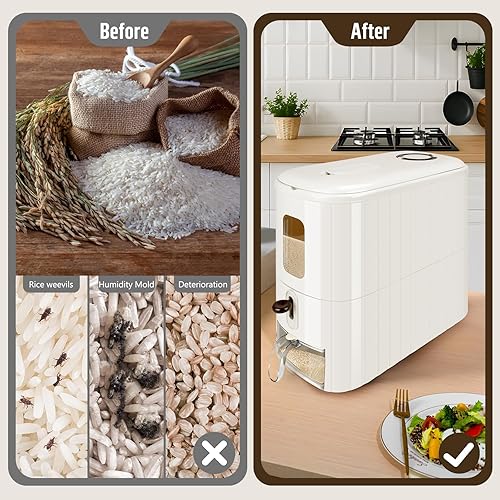 Miniatura 3 de Dispensador de arroz de 13 libras, recipiente de almacenamiento de granos de cereales con taza medidora, contenedor de almacenamiento de arroz