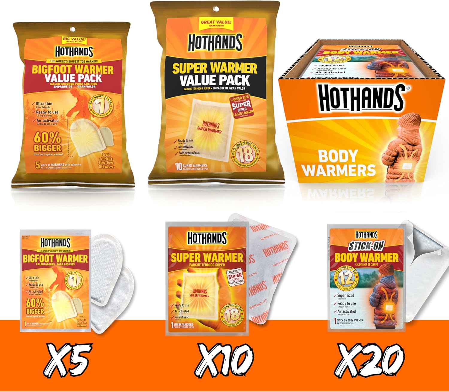 HotHands Big & Tall Bundle- 1 Bigfoot Warmers Value Pack, 20 Adhesive Body Warmers & 1 Super Warmer Value Pack