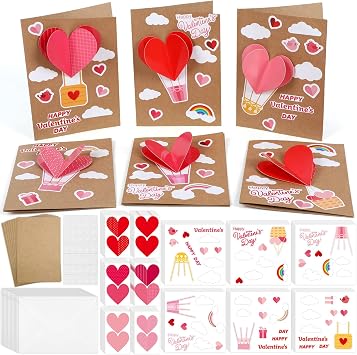 Justforjoyful 24 Pack Valentines Day DIY Card Making Kit for Kids 3D Heart Hot Air Balloon Greeting Cards with Envelope Sticker Valentines Craft Supplies Valentine Party Favor Classroom Exchange Gift