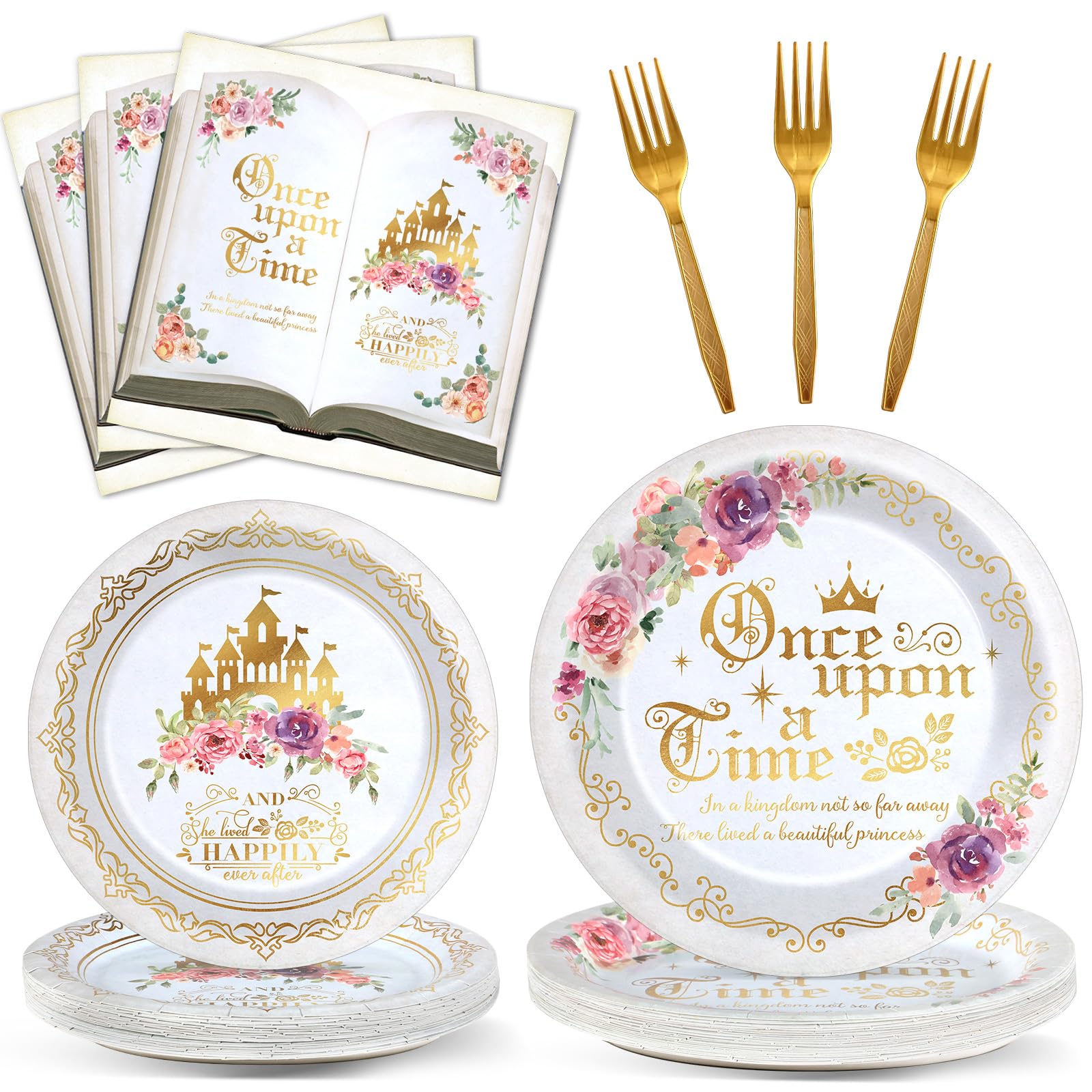 96Pcs Fairytale Princess Plates and Napkins Once Upon a Time Party Tableware Set Plates for Wedding Girl Pink Floral Gold Castle Dinnerware for