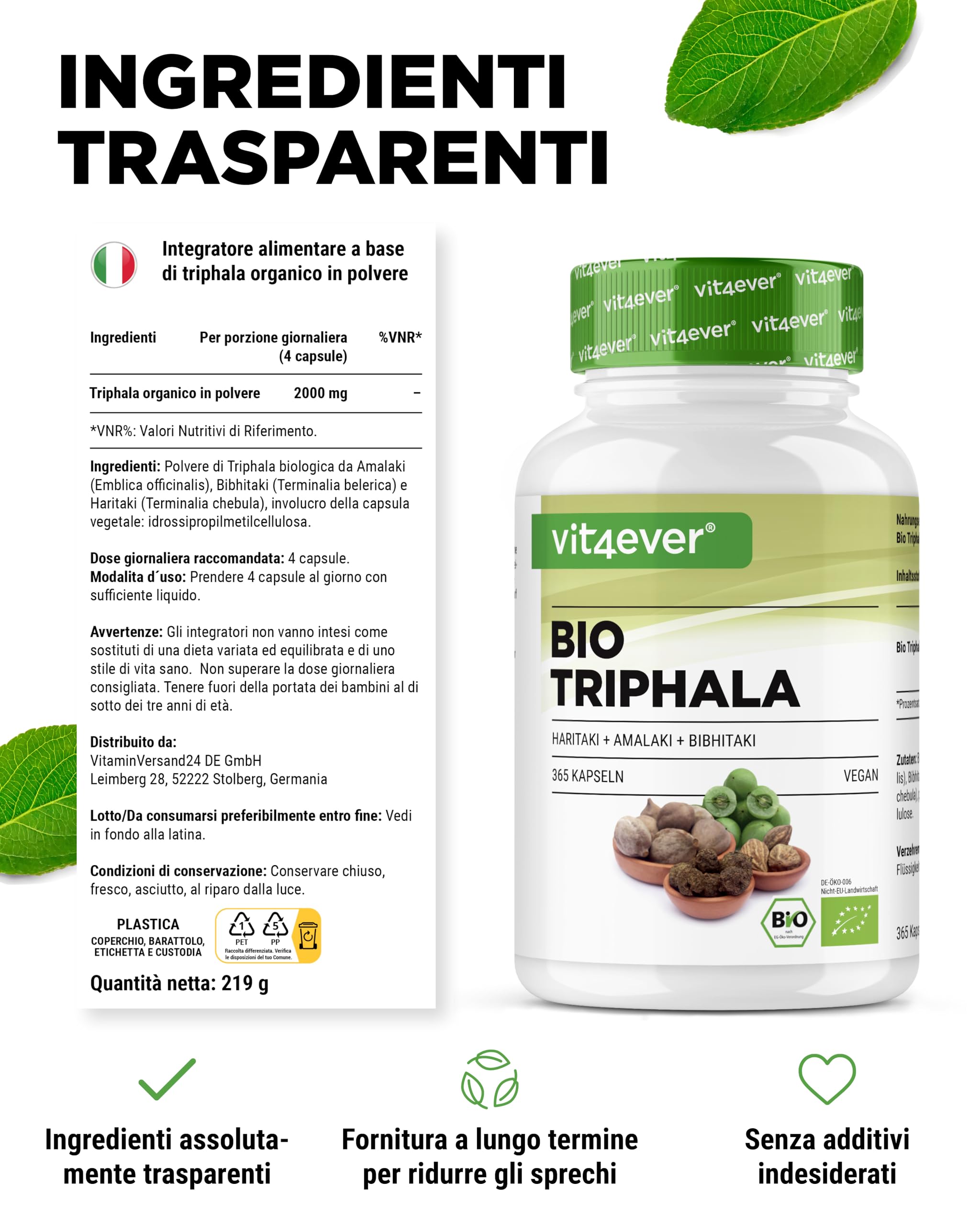 Triphala biologica - Alto dosaggio di 2000 mg (500 mg per capsula) - 365 capsule - Triphala in polvere dall'India: Haritaki, Amalaki, Bibhitaki - Senza additivi - Vegan