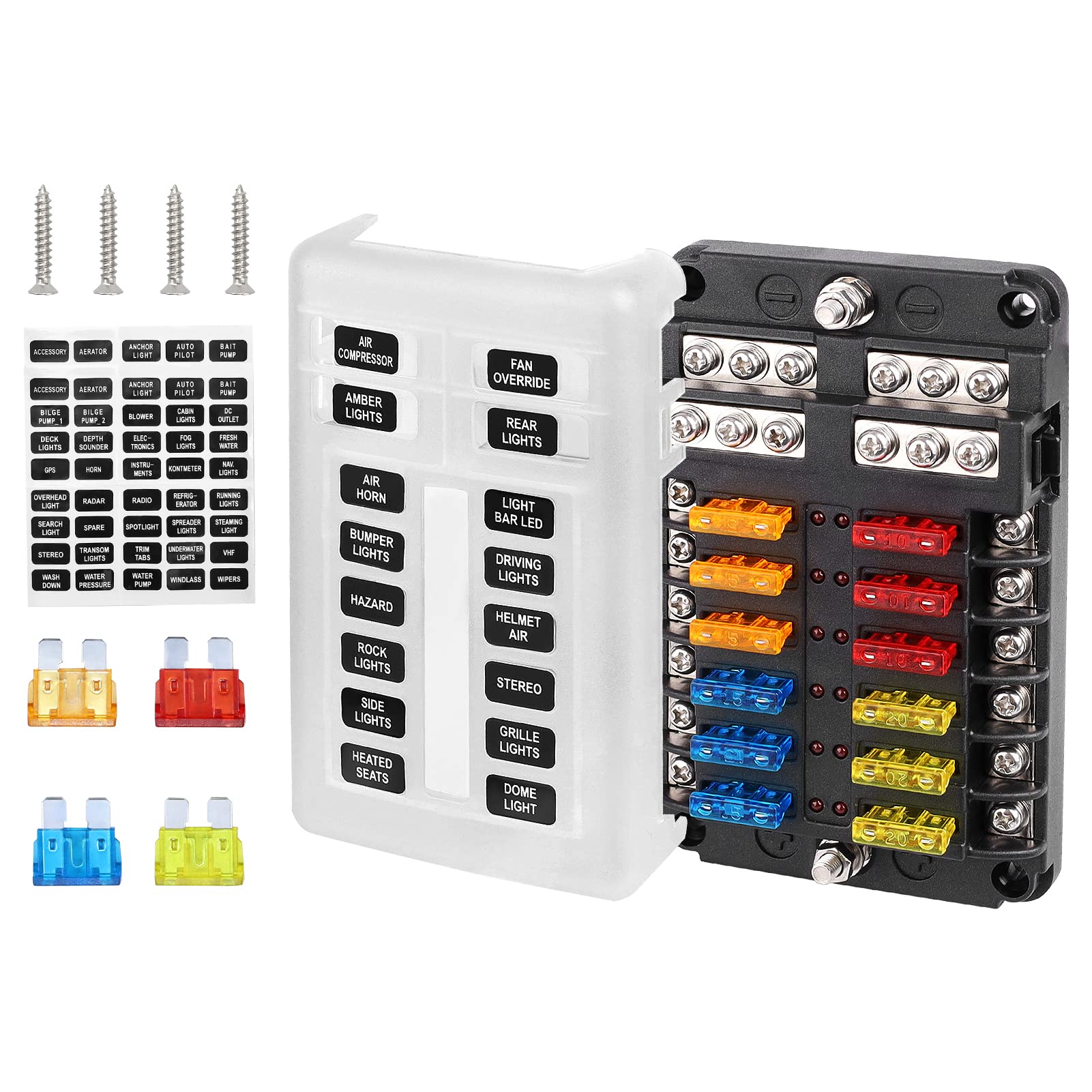 12 Way Blade Fuse Block 12-24V LED Light Indication Automotive Replacement Fuse Blade Holders Damp-Proof Protection Cover Sticker for Car Truck Boat RV Marine