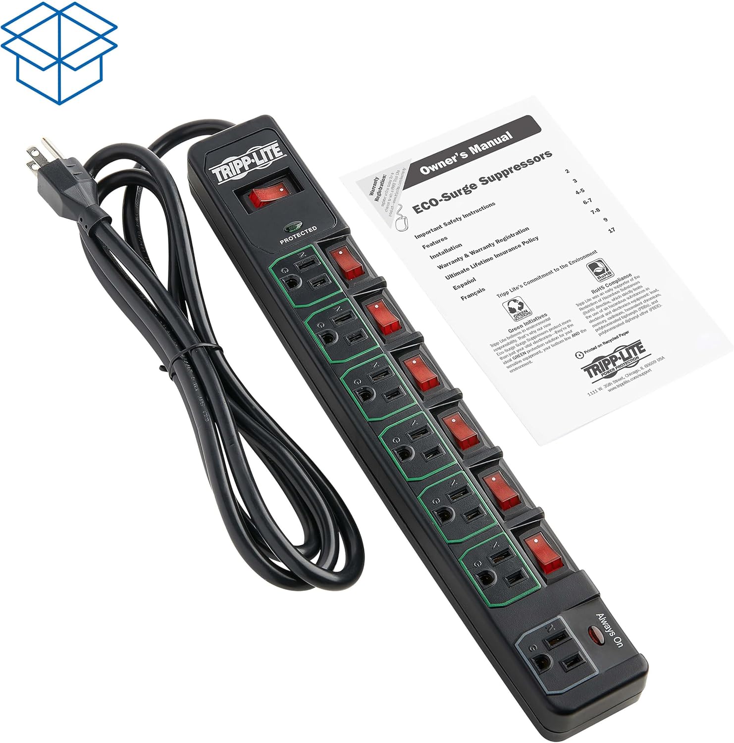 Tripp Lite 7 Outlet (6 Individually Controlled) Surge Protector Power Strip, 6ft Cord, Black, Lifetime Limited Warranty & 25K Insurance (TLP76MSGB)
