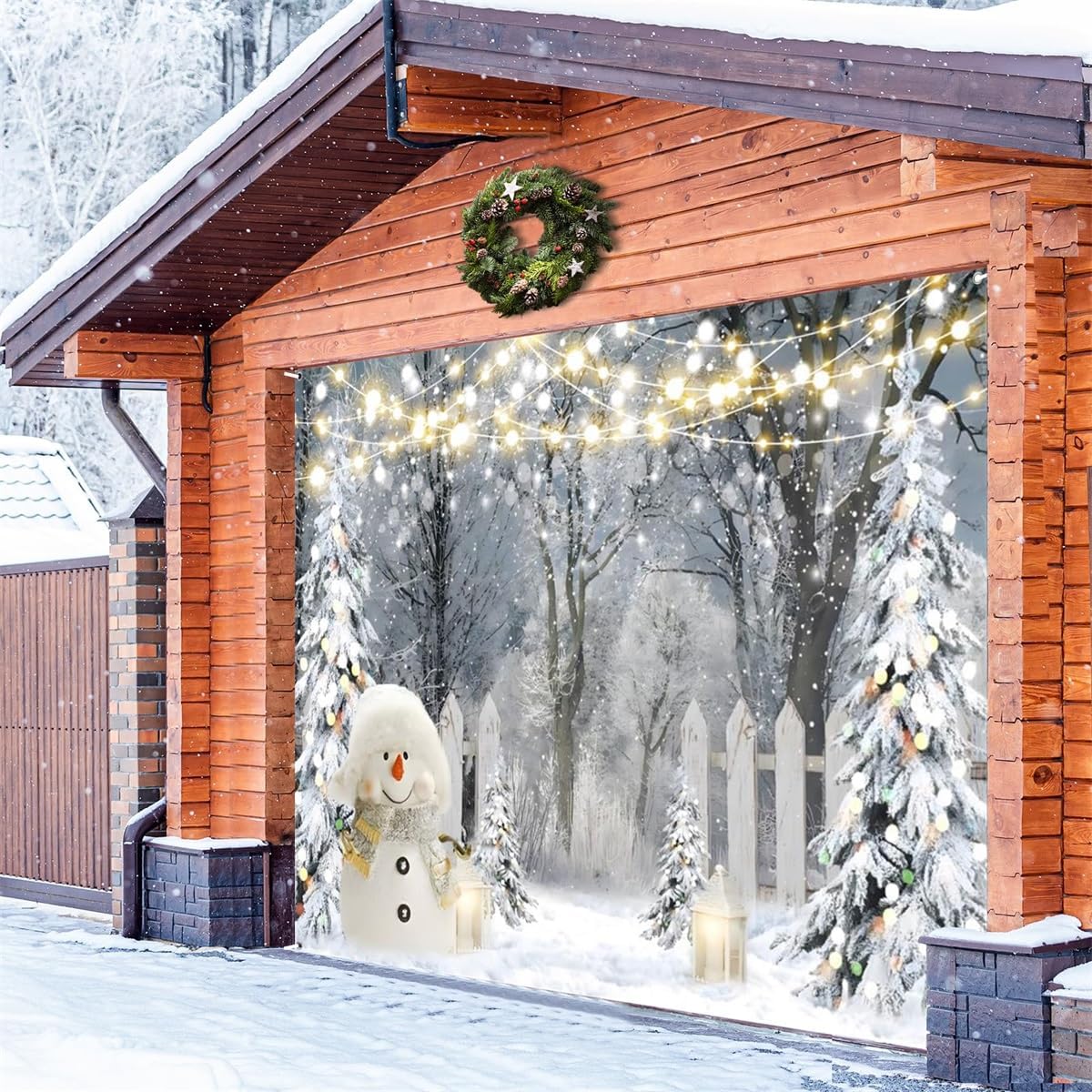 7x8 FT Christmas Garage Door Cover - Outdoor Snow Scenes and Snowmen Banner Decorations, Large Backdrop for Xmas Outdoor Party Decorative Supplies