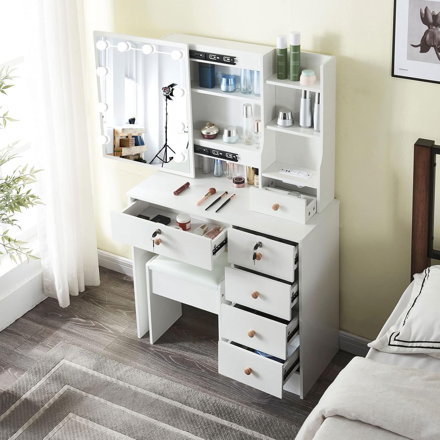 Lucaseone Vanity Desk with Lights Mirror, Vanity Table Makeup Vanity