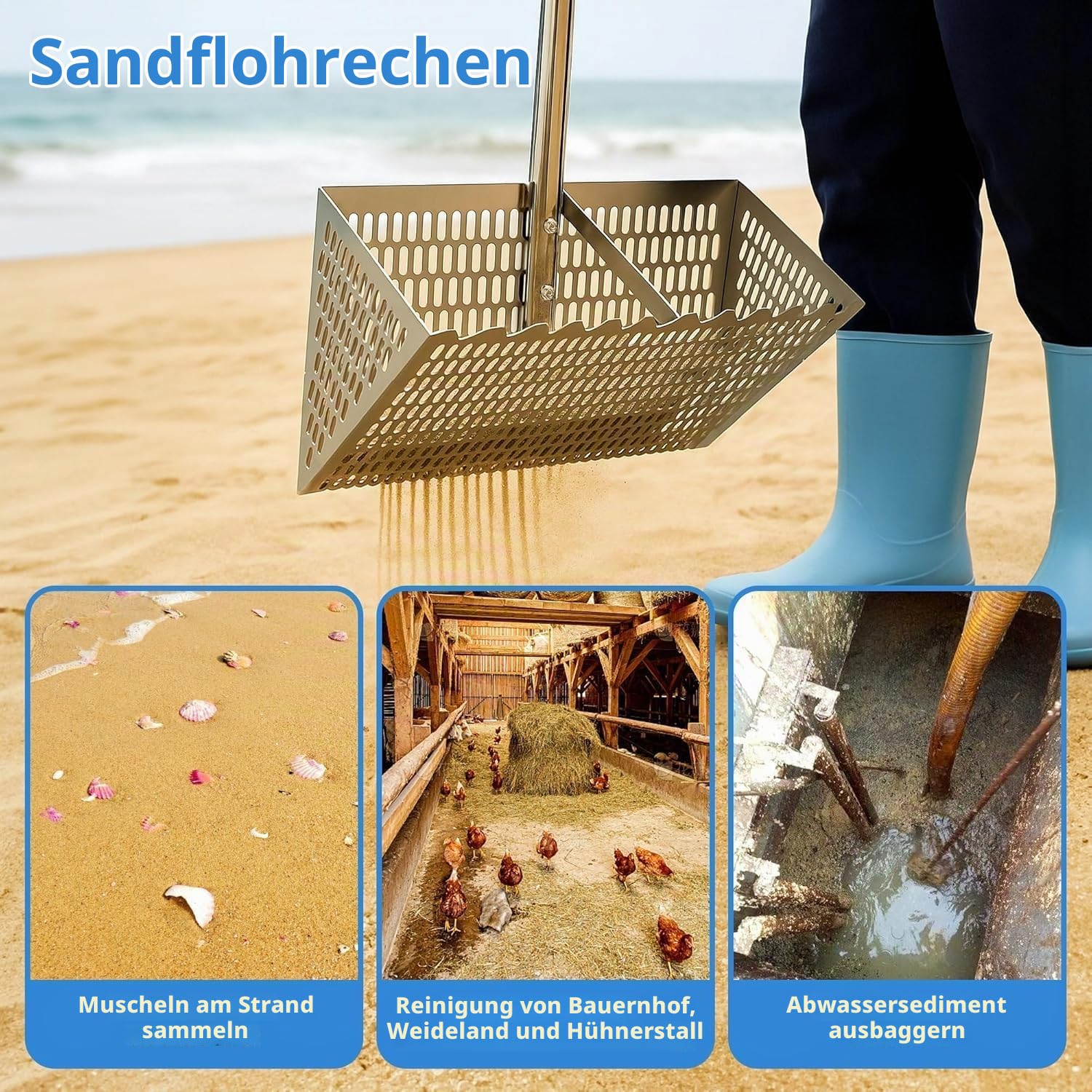 Edelstahl Strand Sandsieb, Strandrechen, Sandflohharke, Mit 15,8 Zoll Haifischzahn, Breiter Korb, 133cm Einstellbar Sandschaufel Dreiteiliger Griff, Faltbare Sandflohfalle Für Den Strand(Silver)