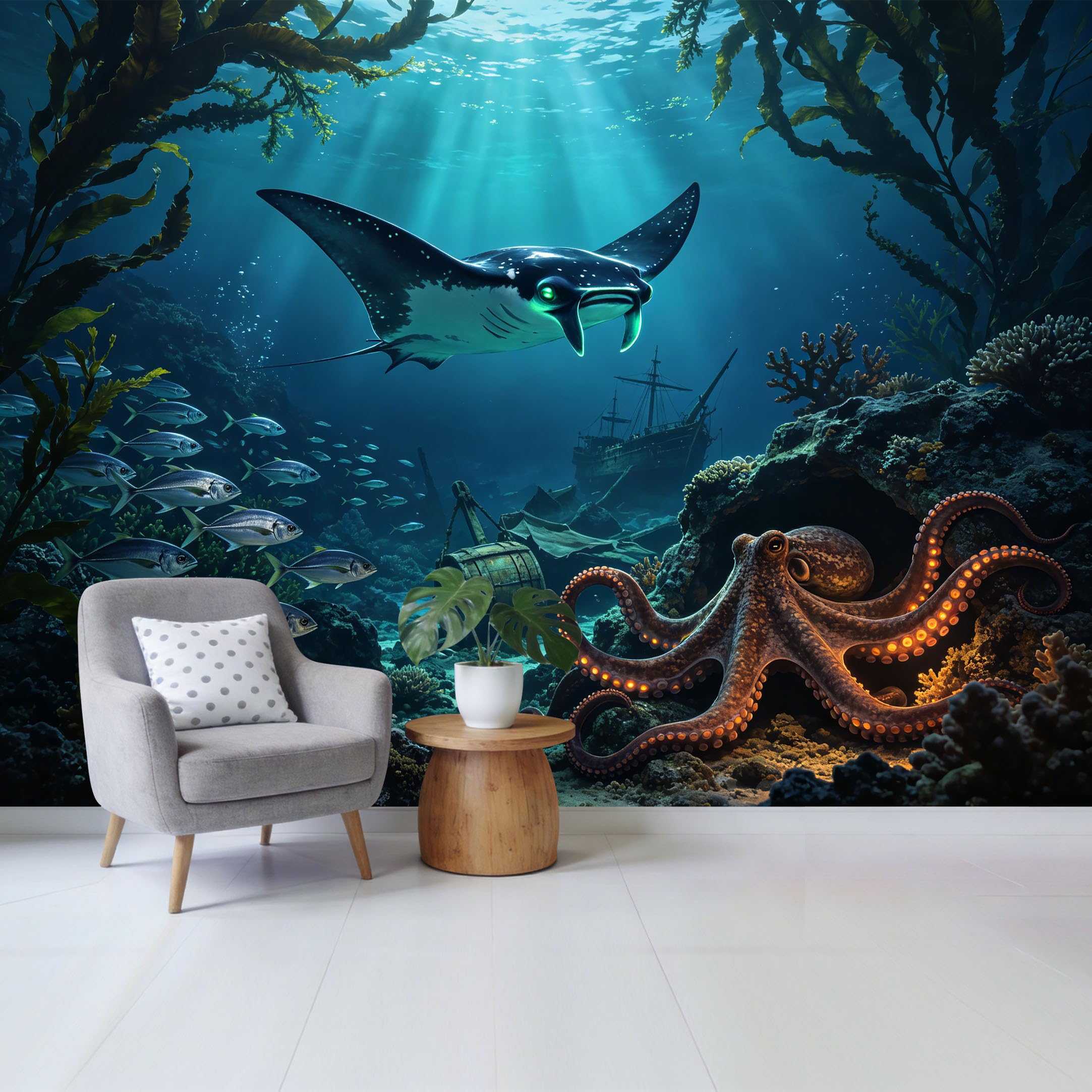Custom Size Wall Mural Underwater Ocean Marine Scene with Manta Ray Octopus Coral Shipwreck Removable Self Adhesive Fabric Home Wall Decor for Living Room Bedroom Bathroom