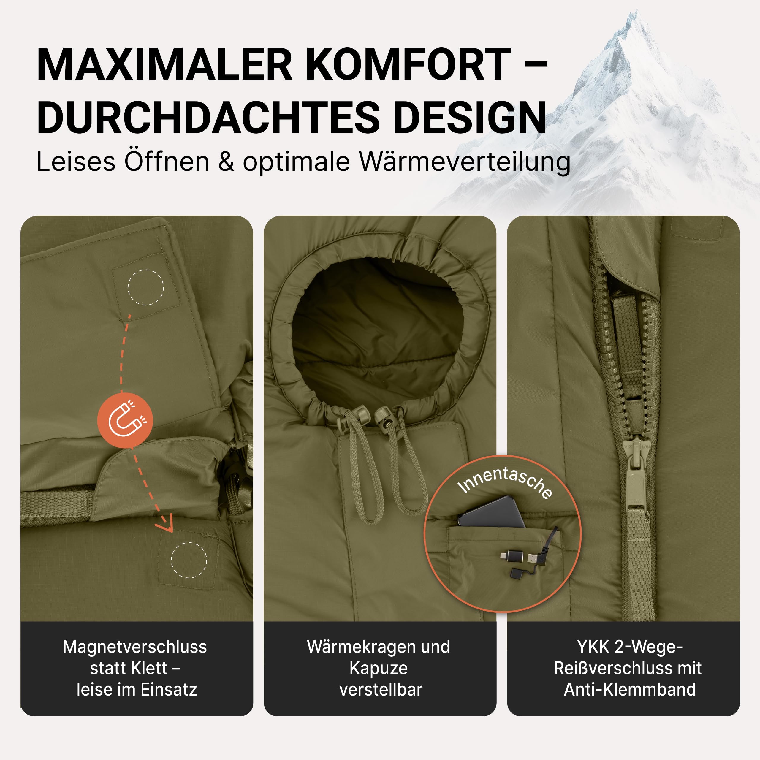 EXPLORER Beheizbarer Schlafsack | Protector 220 | (3-Stufen Heizung) | XXL Winterschlafsack 220x80cm | Extrem bis -32,9°C (450GSM) | BW Military Biwak Olivgrün für Camping, Angeln & Survival