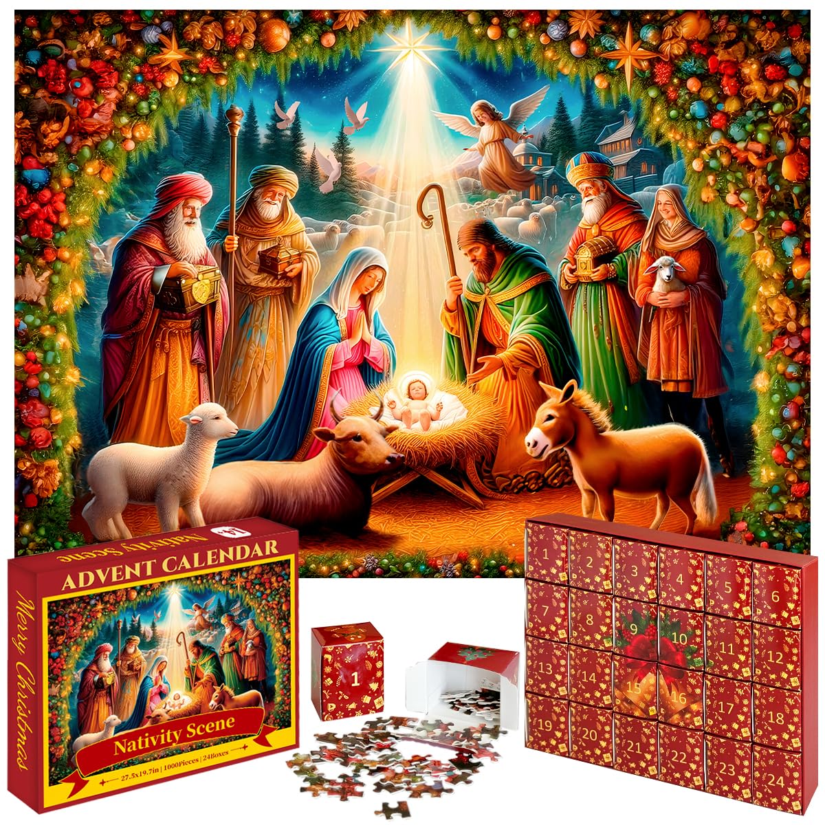 Advent Calendar 2024 Christmas Puzzle 1000 Pieces Nativity Scene Jigsaw Puzzles 24 Days Christmas Countdown Calendar for Adult Kid