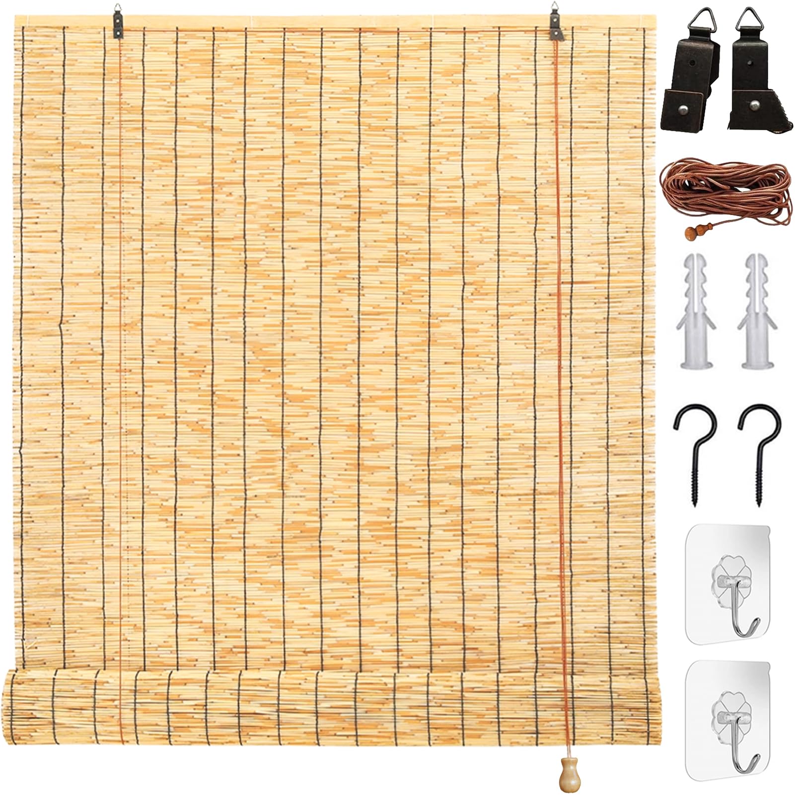 Bamboo Blinds 55 60 100 120 145 165 180cm Reed Blinds Retro Bamboo Roller Blinds Natural Reed Curtains Anti-UV Outdoor Shade With Lifter Sunshade Privacy Screen Roman Bamboo Blinds For Windows