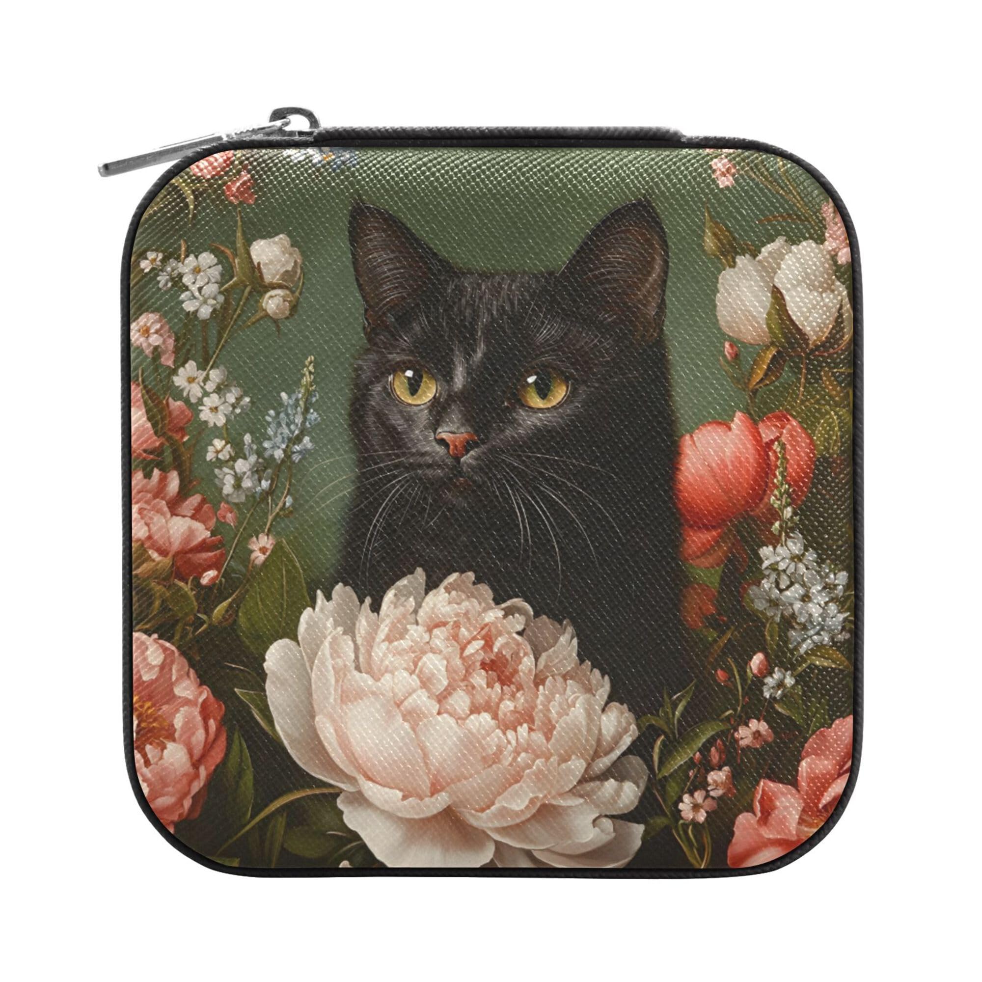MNSRUU Small Jewelry Box Storage and Organizer Black Cat Mini Travel Jewelry Case Portable Earring Ring Organizer Boxes for Women Girls, Black