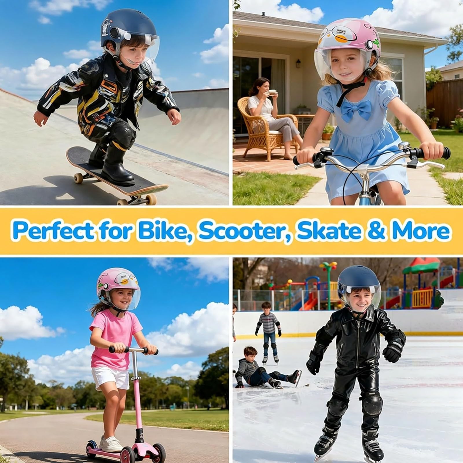 Casco Moto Bambino Scodellino ECE 22.06 Omologato Visiera Parasole ABS Slim Profile Kids Scooter Ciclismo Ragazzo Ragazza 10,46~58cm