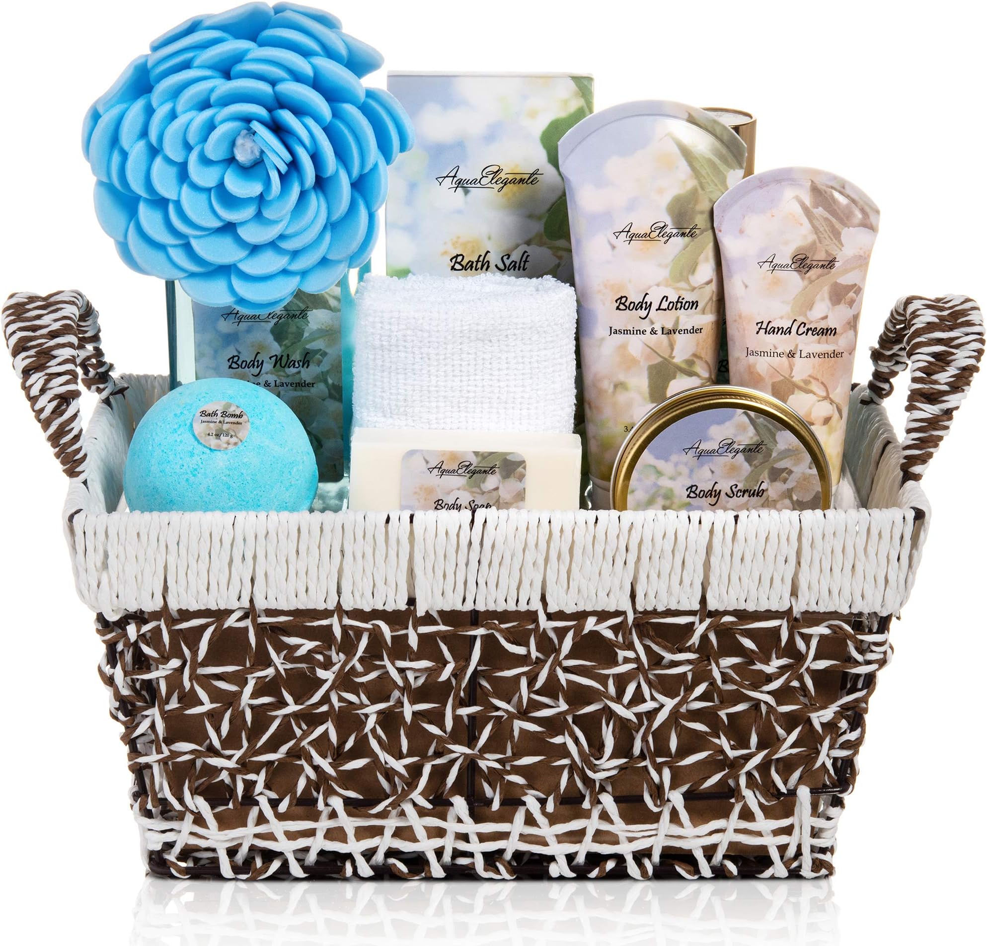 Spa Baskets For Women - Luxury Bath Set With Jasmine & Lavender - Spa Kit Includes Wash, Bubble Bath, Lotion, Bath Salts, Body Scrub, Hand Cream, Shower Puff, Bathbombs, Soap and Towel