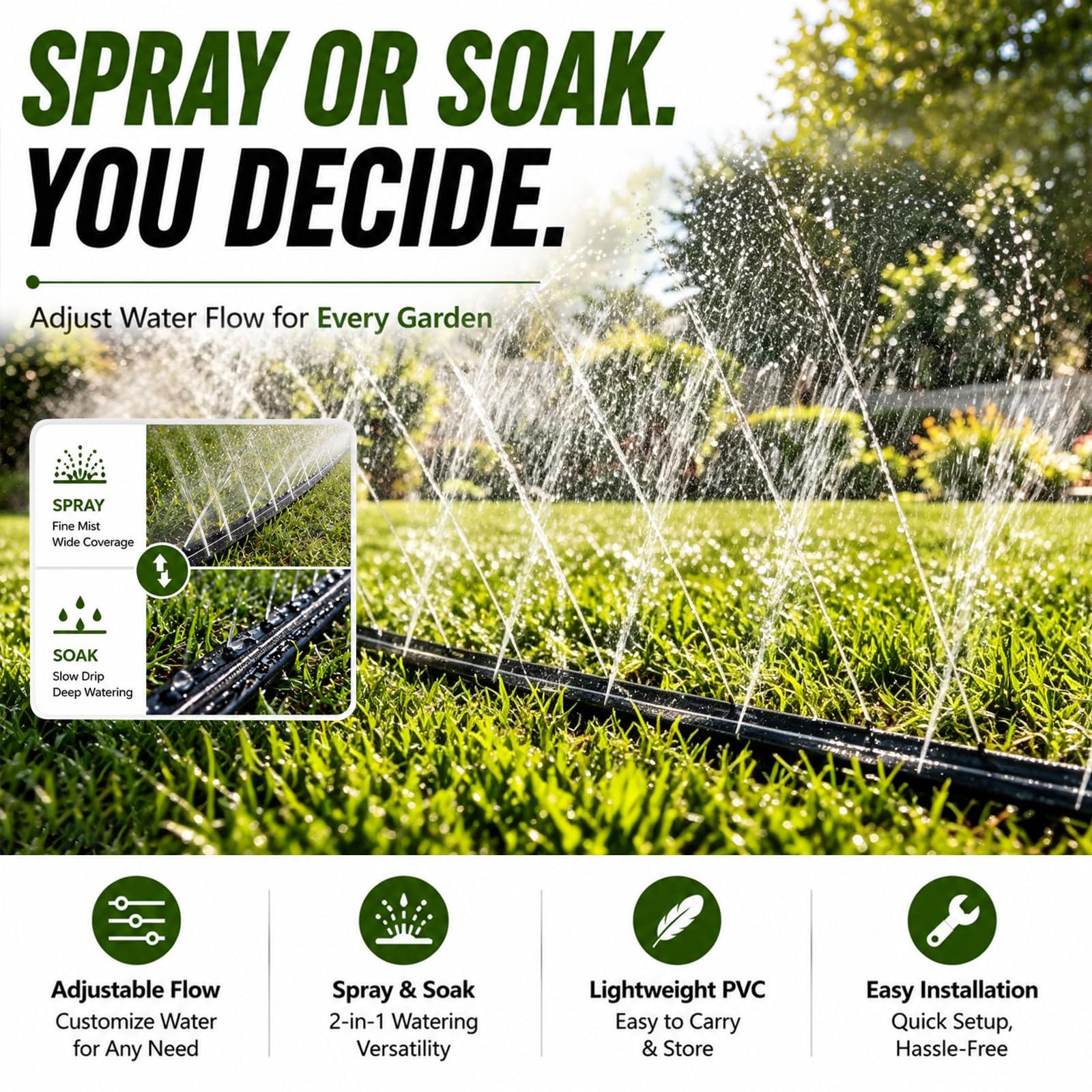 Sprinklerschlauch 7,6 m, flacher Bewässerungsschlauch mit Löchern, wassersparende Tropfleitung, Bewässerungsschläuche mit Gartenklammern für Rasen, Gemüsegartenbeete (7,6 m)