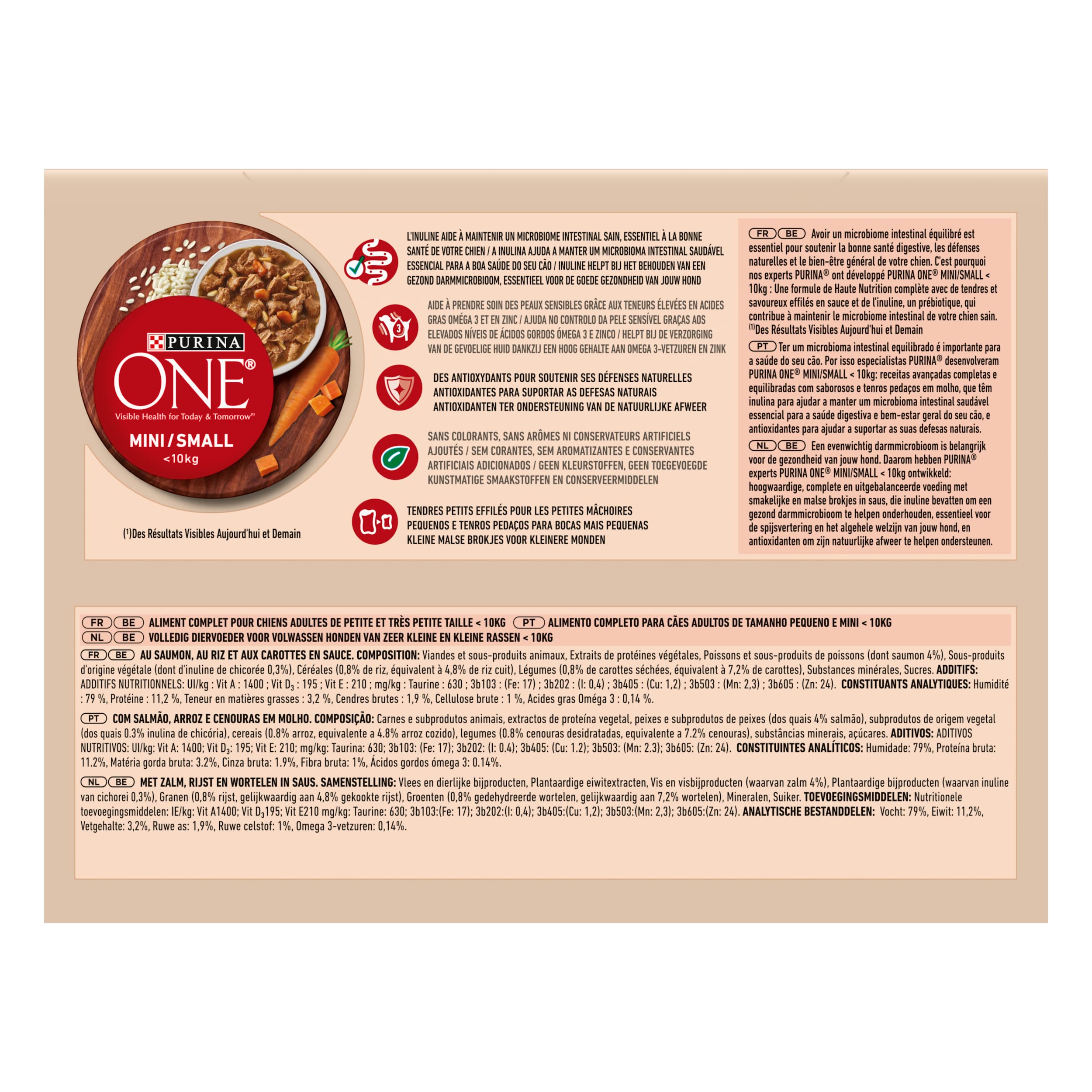 PURINA ONE Mini/S <10kg sensitiva/delicata, sbucciati con salmone, riso e carote in salsa per cani adulti di piccola taglia | digestione sensibile bustine pasto 10 x 85 g | Confezione da 6