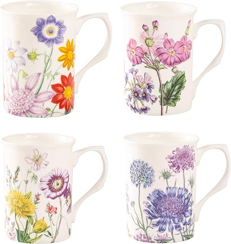 Tazas de té de café de porcelana de hueso, 9 onzas, juego de 4 (Country Lane)