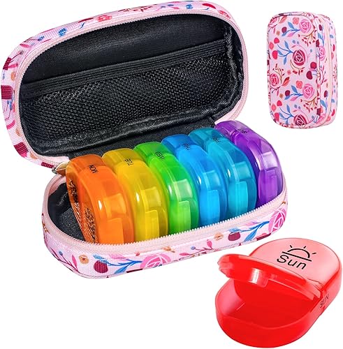 Serfeymi Pastillero semanal de viaje 2 veces al día AM PM pastillero arcoíris mejorado 7 días con cremallera portátil de lona pastillero,