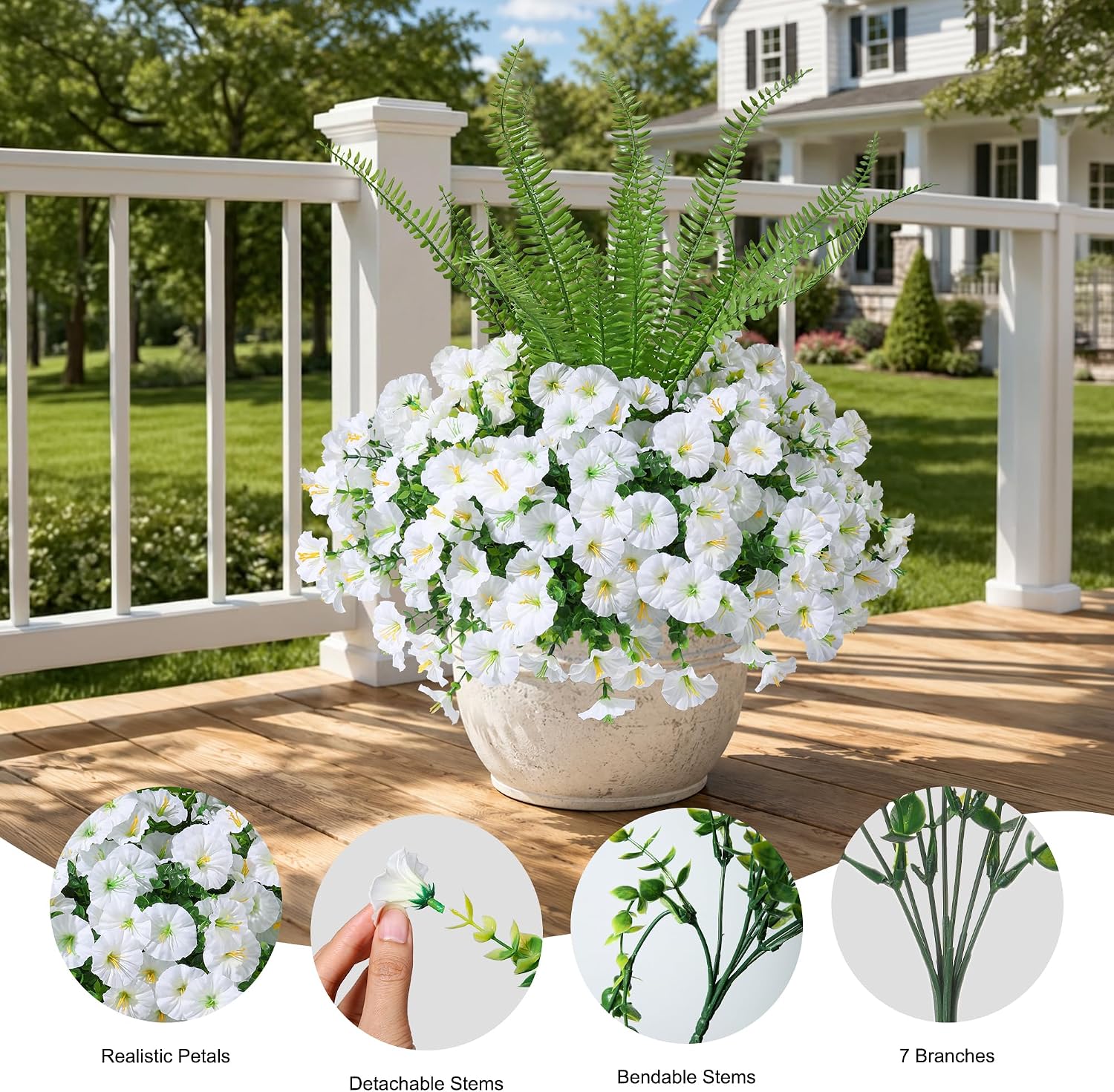 INSPRING White Artificial Morning Glory Flowers with Eucalyptus & Fern, 12 Bunches UV Resistant Faux Plants, Pure White Fake Flowers for Indoor Outdoor Home Patio Garden Yard Porch Decor
