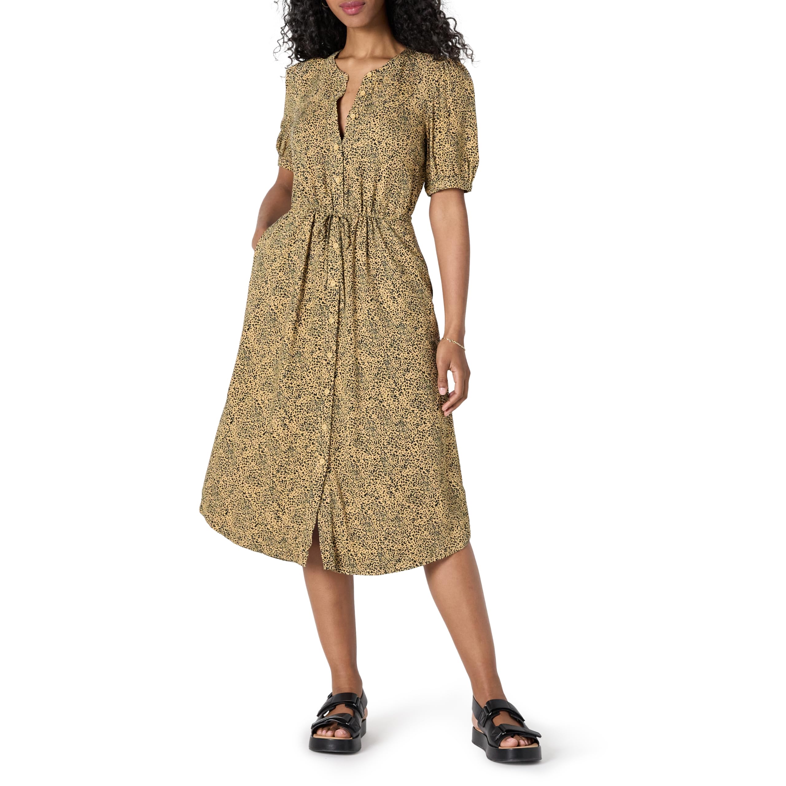 Amazon Essentials Damen Tailliertes Midikleid in A-Linie mit Halben Ärmeln und Ausgestelltem Rockteil mit Taschen