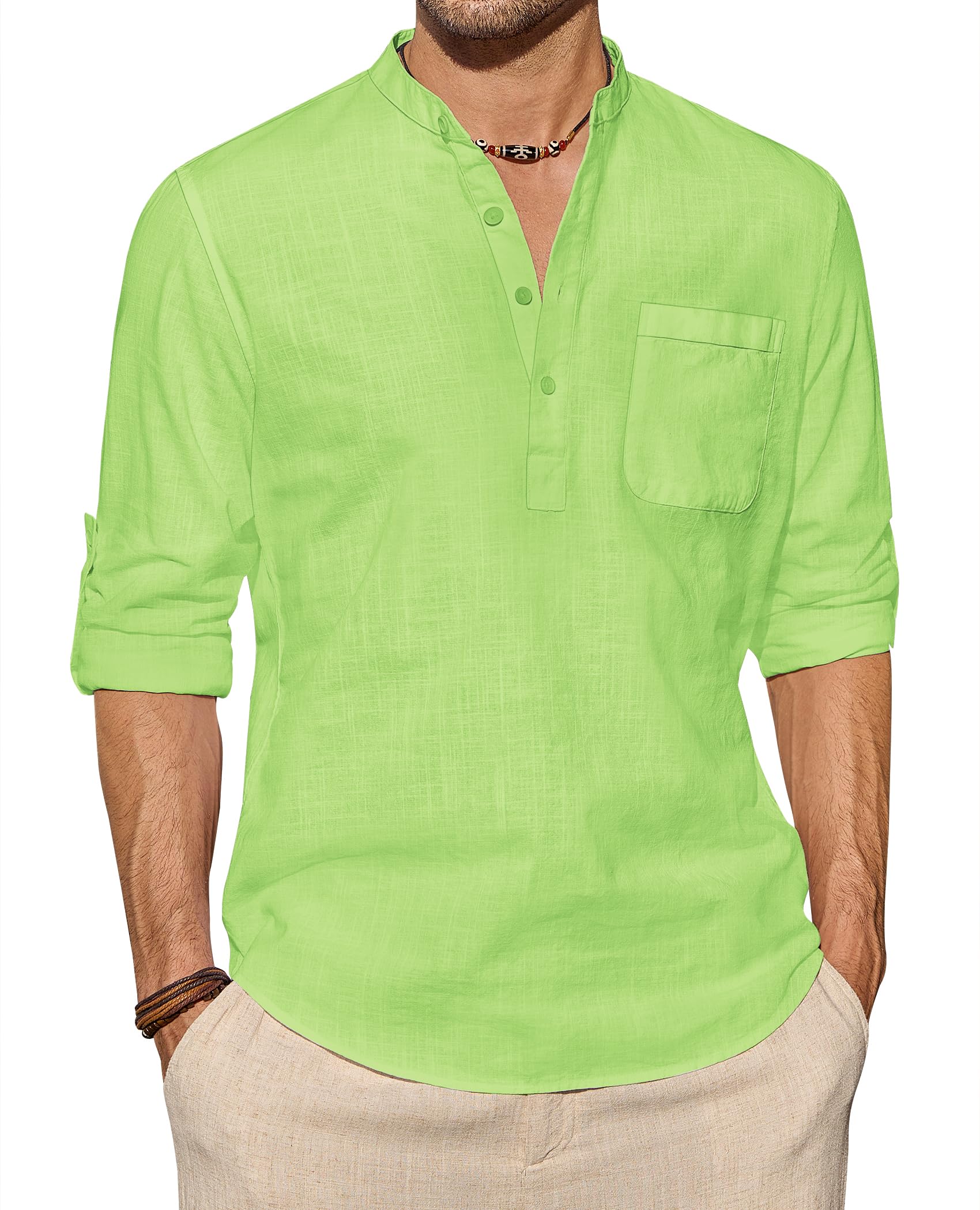 J.VER Men's Linen Roll Up Long Sleeve Shirt Cotton Casual Beach Shirts Henley T-Shirt Band Collar Vacation Tops with Pocket