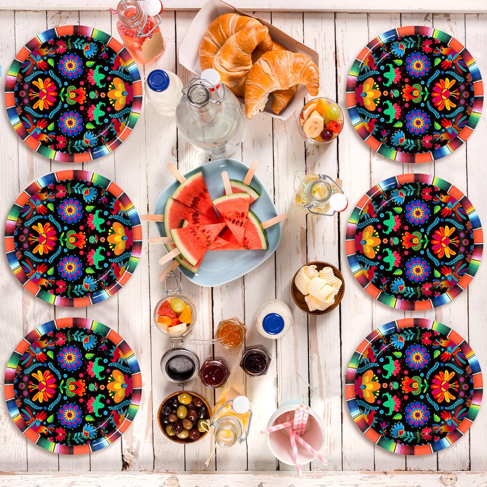Mexikanische Fiesta-Pappteller, 17,8 cm, Fiesta-Partyteller, Einweg, Mexiko, Mayo, Dessertteller, Dekoration, für Tag der Toten, Dia de Los Muertos, Taco, Tanz, Pinata, buntes Ponchos, Abendessen