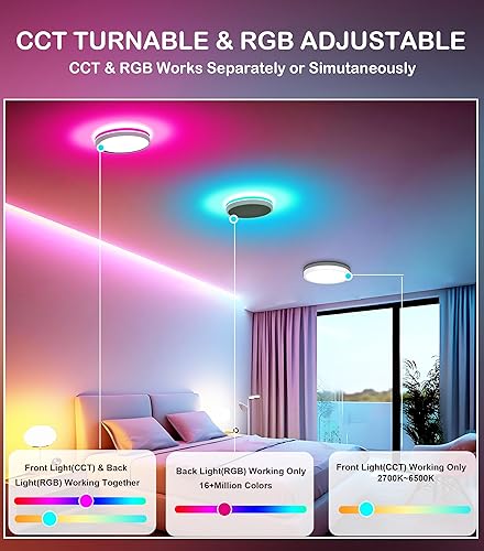 Miniatura 3 de CLOUDY BAY Lámpara de techo inteligente LED de 8 pulgadas, accesorio de techo empotrado, 15 W 2700-6500 K CCT, 2 W RGB, compatible con Alexa y