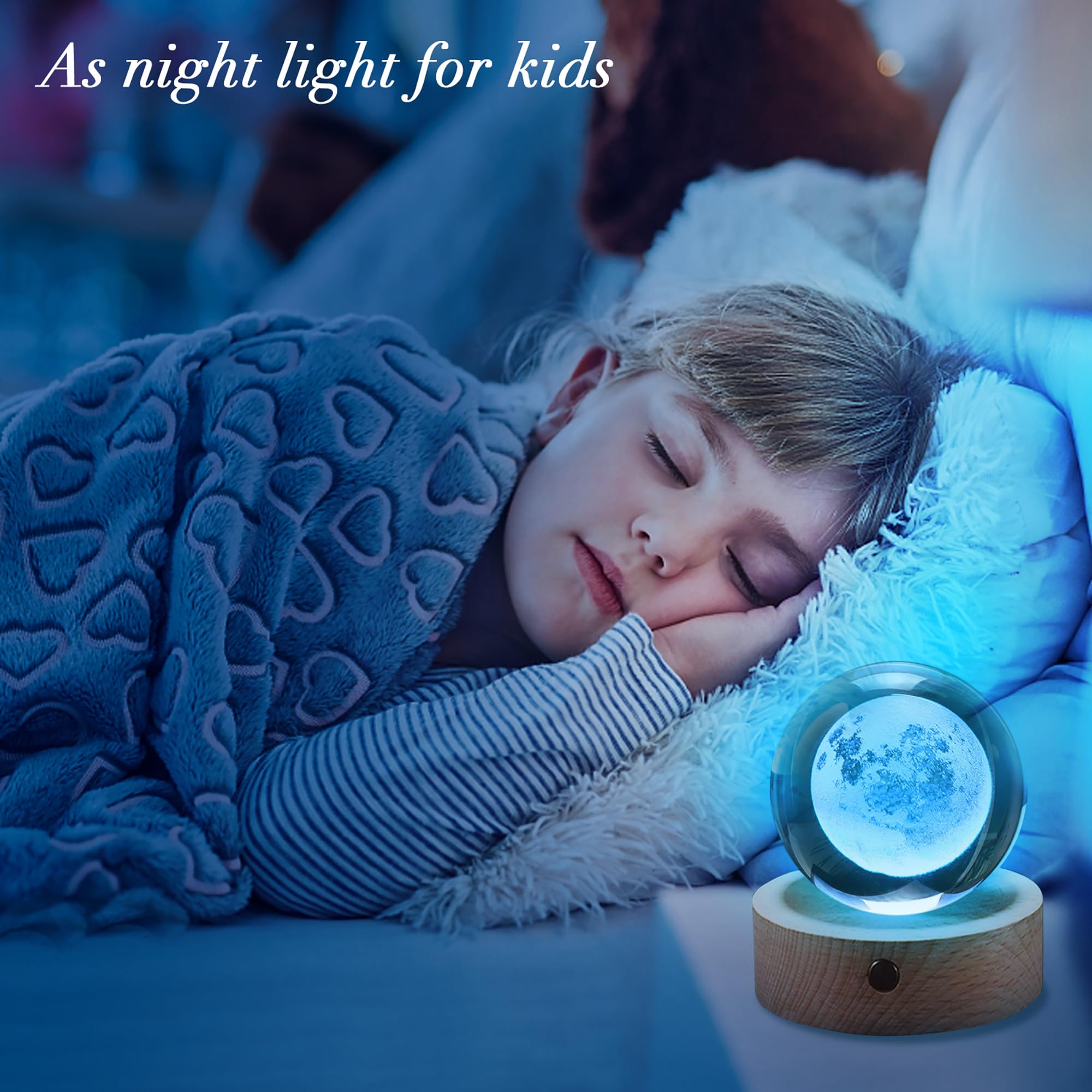 3D Moon Crystal Ball With LED Light Base - 3.15 Inch K9 Crystal For Desk Decor, Astronomy Gift