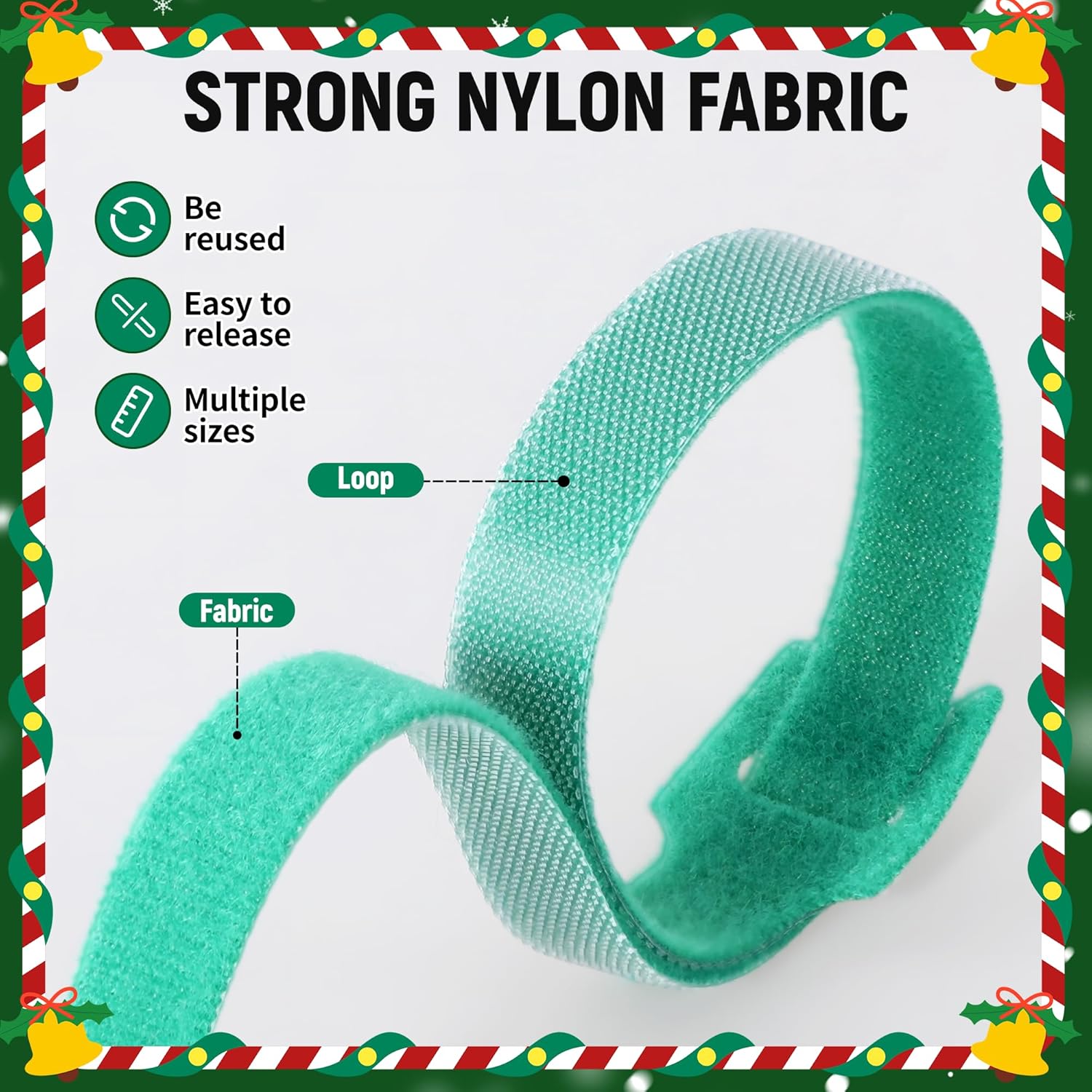 200 Pcs Christmas Garland Ties 12'',10'',8'',4' Nylon Garland Ties Reusable Garland Holders for Railing Adjustable Holiday Garland Ties Hook and Loop for Christmas Tree Wreath Stairways Railing(Green)