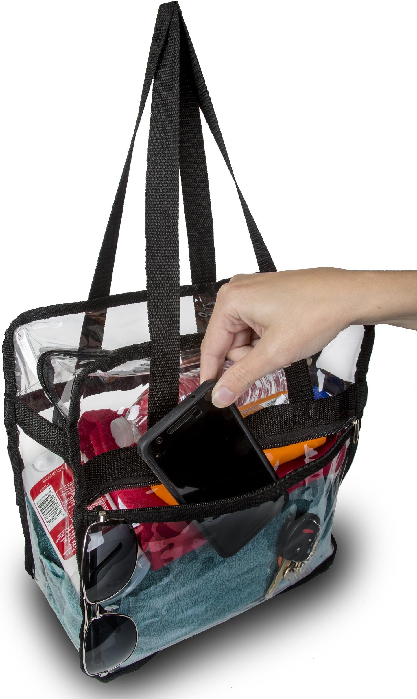 Clear Stadium Approved Tote Bag 12x12x6 Zippered Top and Side Pocket with Zipper stadiums, Gym, Work, School, and All Events