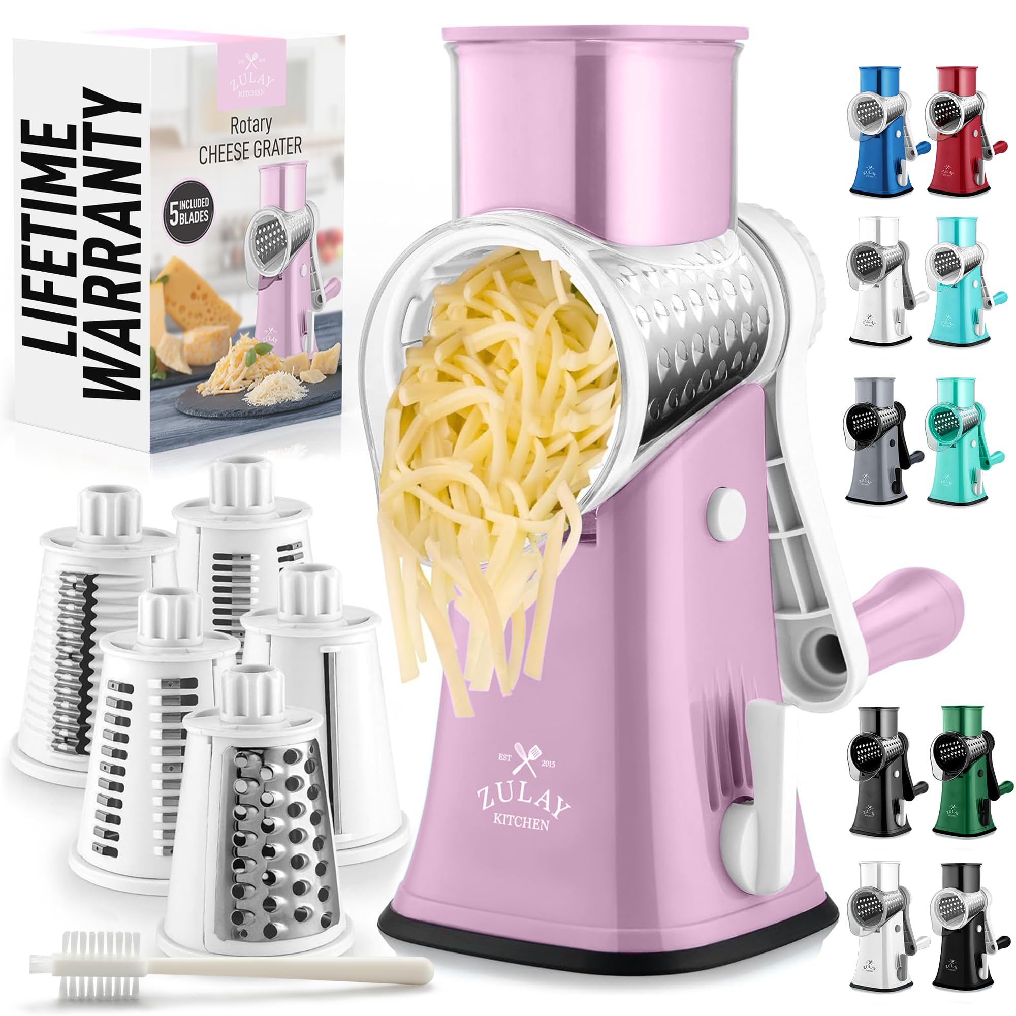 Zulay Kitchen Rotary Cheese Grater 5 Blade Cheese Shredder - Manual Hand Crank Cheese Grater With Reinforced Suction & 5 Interchangeable Drums - Easy to Use, Vegetable Chopper Round Mandoline Slicer