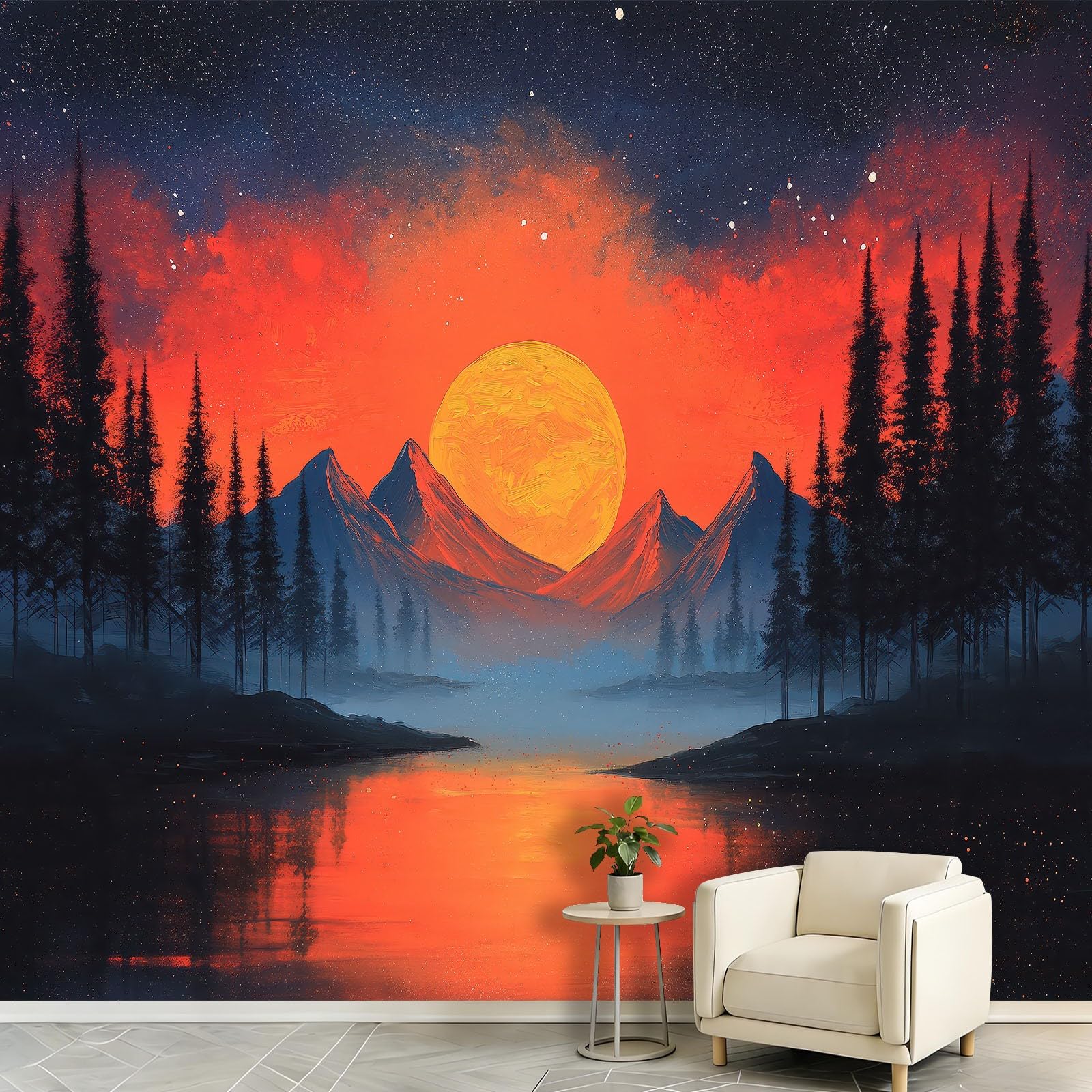 Fototapeta z motywem lasu fantasy, 200 x 140 cm (szer. x wys.) – klej nie wchodzi w zakres dostawy – kuchnia, sypialnia, salon, nowoczesna, pionowa tapeta ścienna, tapeta z włókniny, gwiaździste niebo