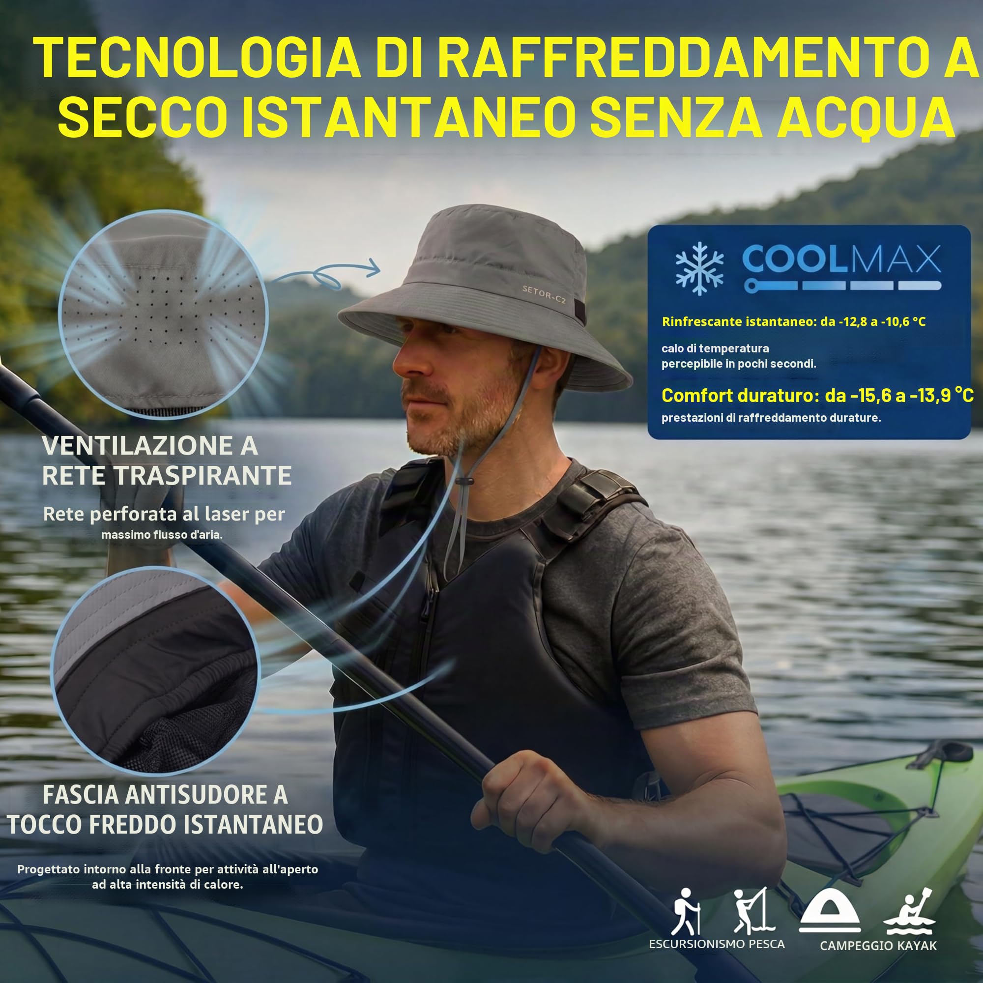 TOP-EX Cappello da pescatore da uomo, traspirante, protezione UV, cappello da sole da donna, estivo, per attività all'aria aperta, con tesa larga, pieghevole