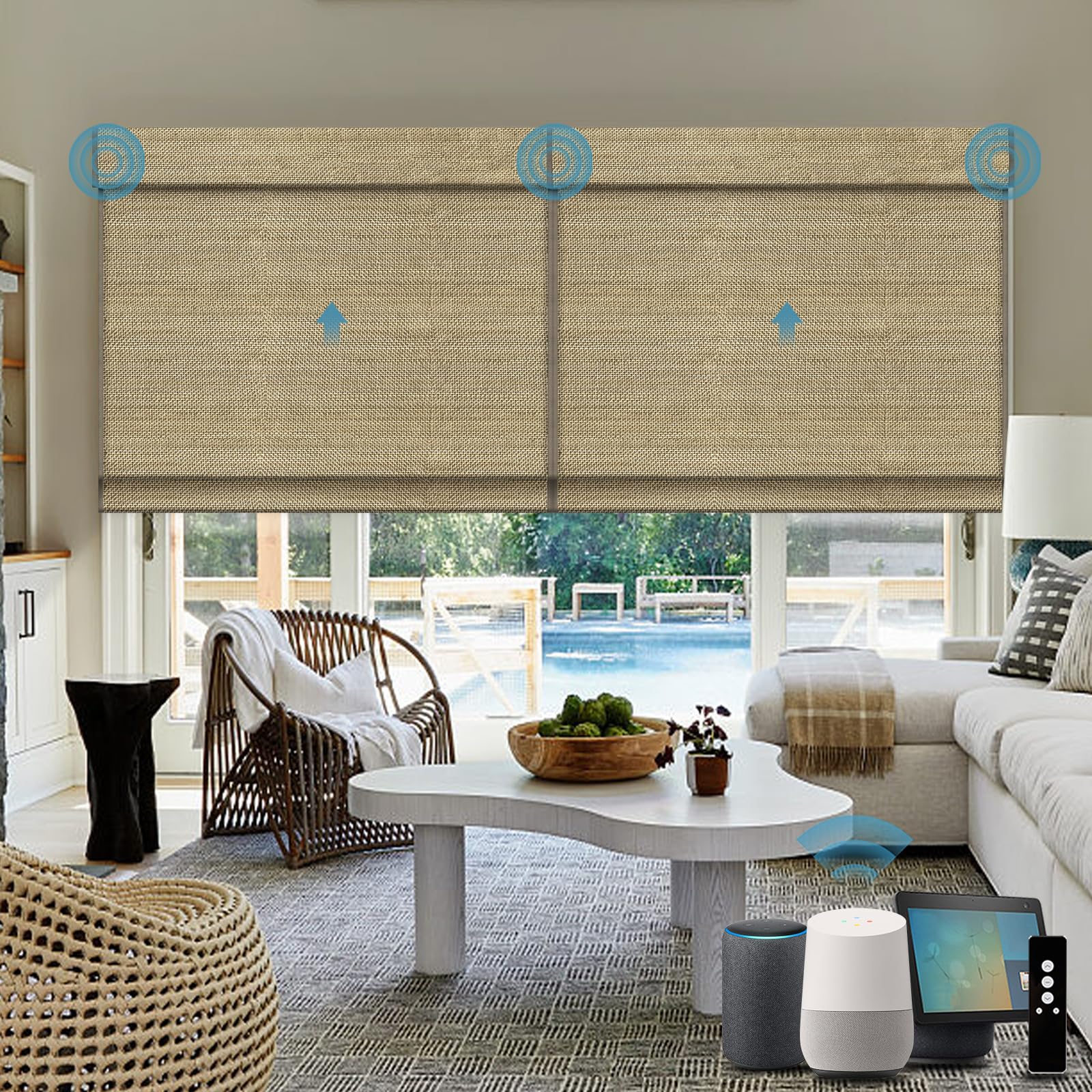 WEFFORT Woven Woods Shades, Motorized Roman Shades, Light Brown, Jute, Smart Automation, HomeKit/Alexa/Google Home Compatible