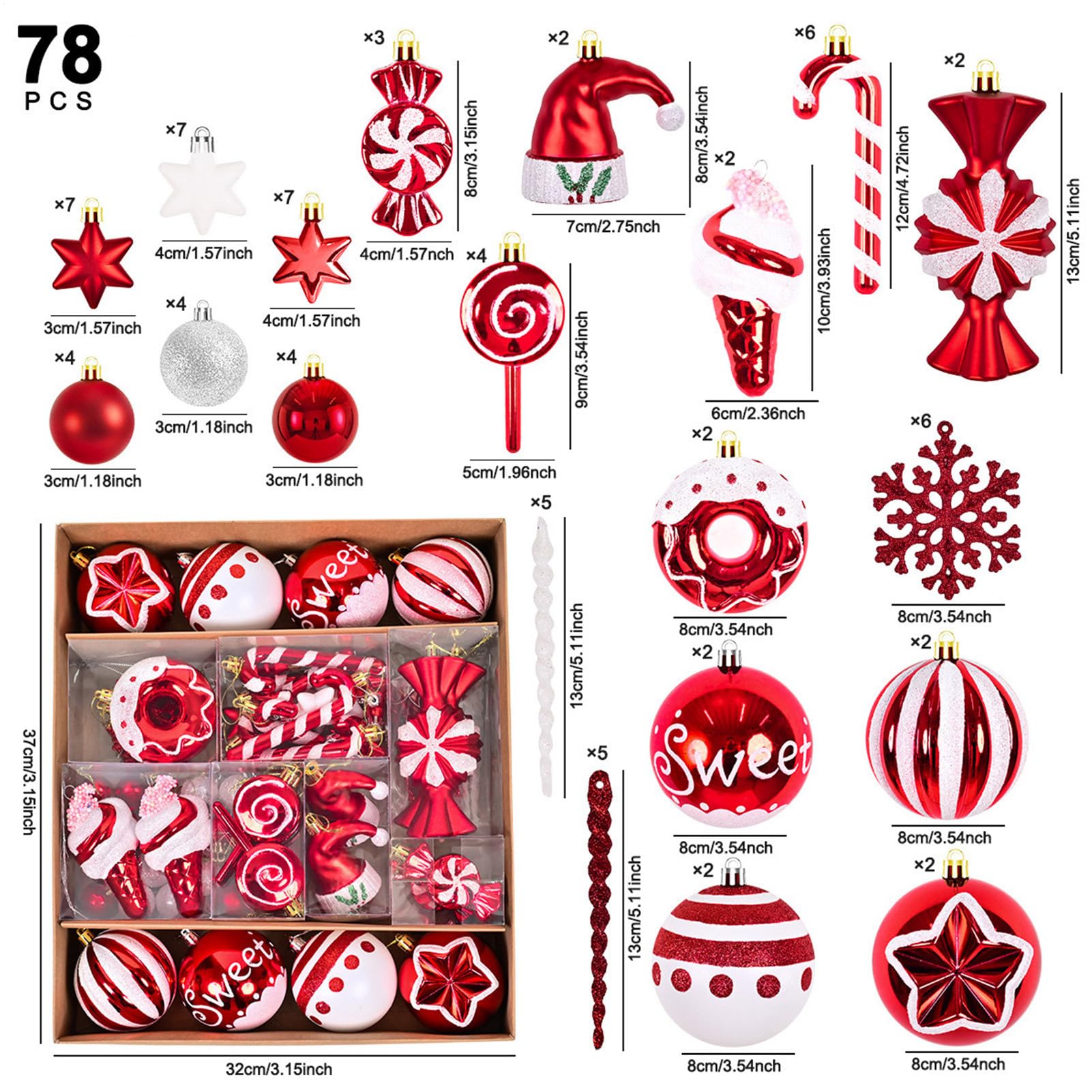 Christbaumkugeln, 78 Stück, rot und weiß, bruchsicher, Weihnachtsdekoration, bruchfest, für Wand, Wohnzimmer, Innen- und Außenbereich, Regal, Küche, Urlaub, Winter