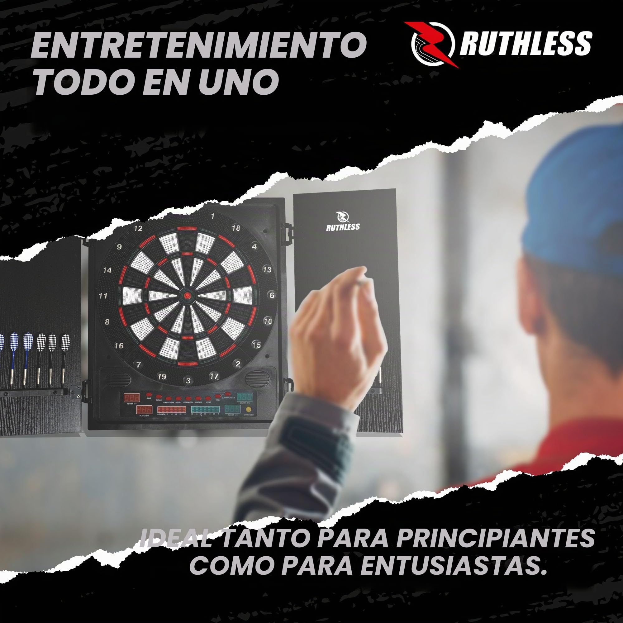 Ruthless - Tablero de dardos electrónico Ruthless R500 en gabinete - Punta blanda - incluye 4 juegos de dardos - para 8 jugadores - 27 juegos