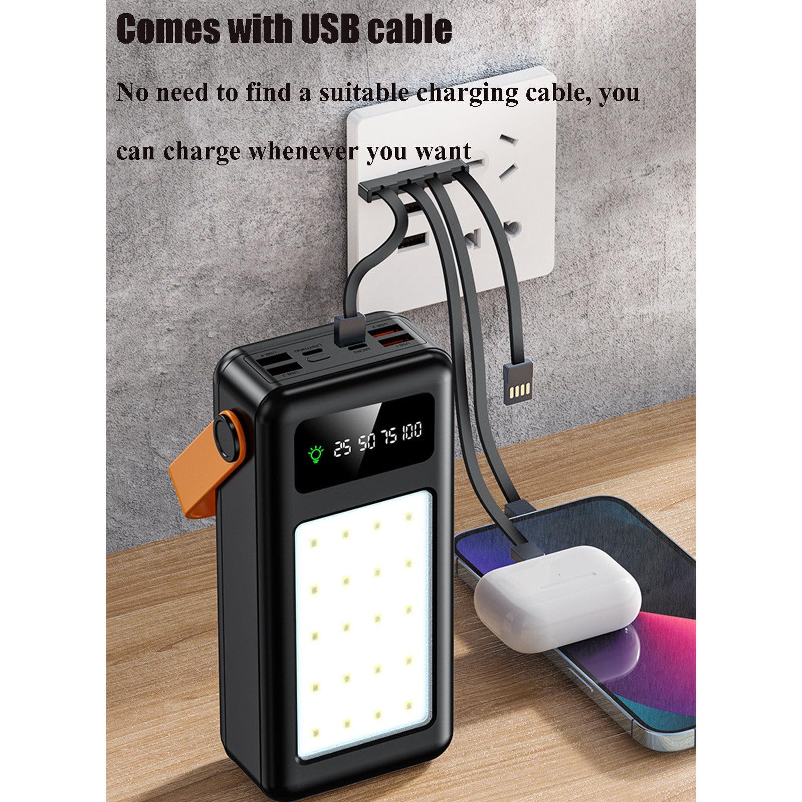 Banco de energía, cargador portátil de alta velocidad de 12 000 mAh y 10 W con cable U-B 4 integrado, paquete de batería de carga rápida para teléfonos móviles y computadoras,120000mAh-Black