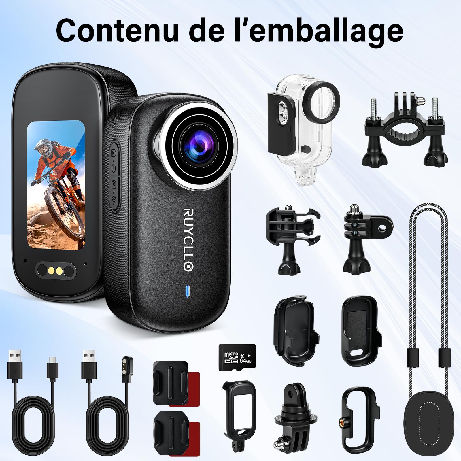 Mini Caméra Sport 4K - Carte Mémoire 64Go Action Cam | Stabilisation EIS 6 Axes, HDR, Grand Angle 145°, WiFi APP, Mini Camera Magnétique pour Camera Moto, Vlog, Casque Moto, Vélo