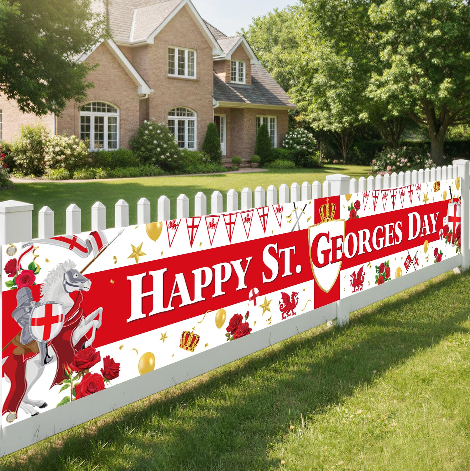 Happy St. George's Day Banner - St George Red White Flag Backdrop for Patriotic Party, Large England National Day Party Decorations Banner 9.8x1.6 ft