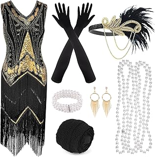 1920s Flapper Fringed Sequin Dress with 20s Accessories Set V Neck Gatsby Dress - Buy now