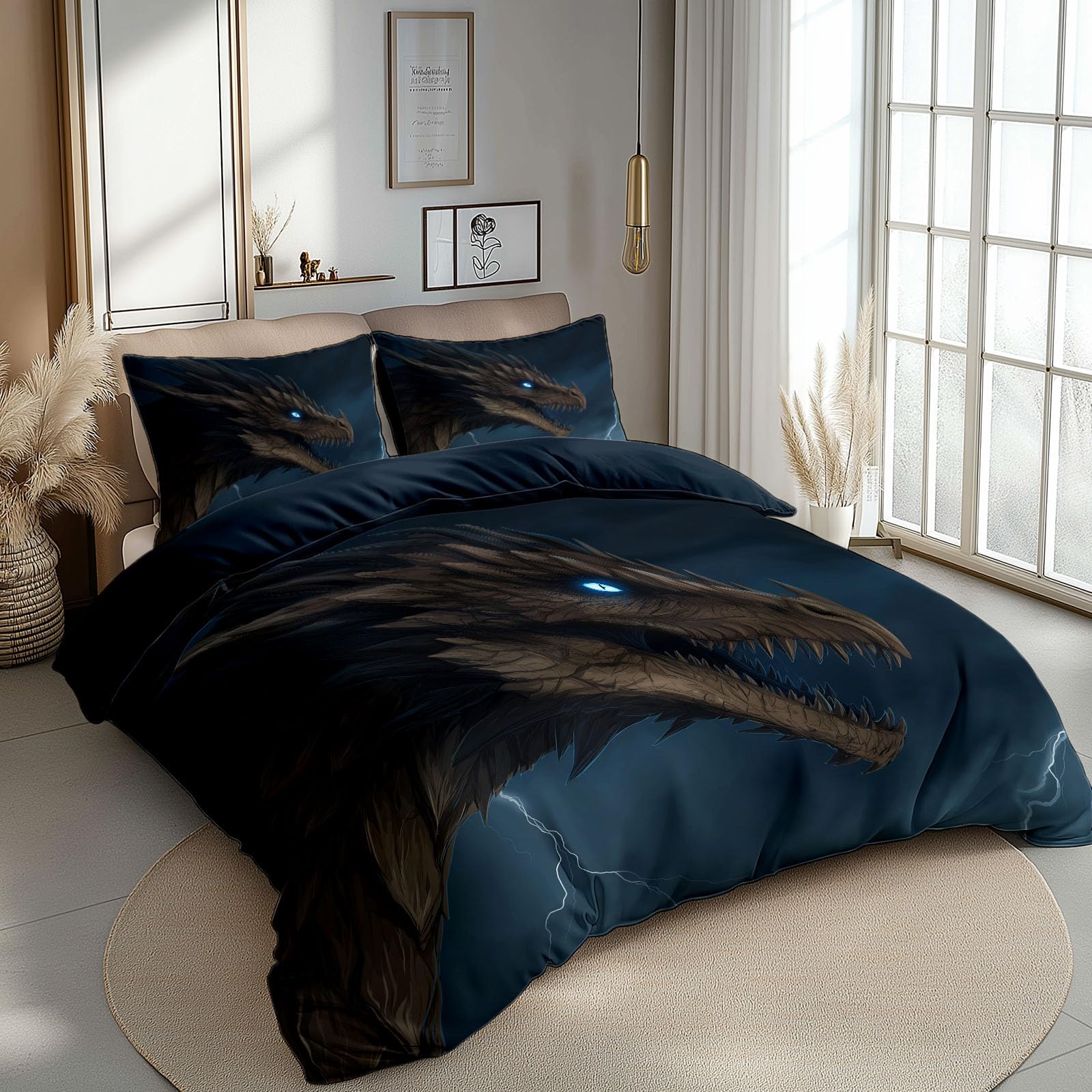 Juego de ropa de cama de 155 x 220 cm, 3 piezas, diseño de dragón, color