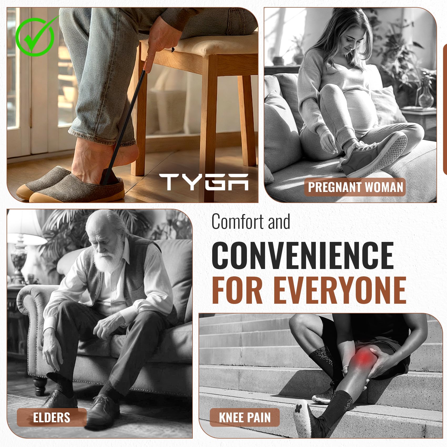TYGA STORE Chausse-pied en métal – 42 cm de long manche, chausse-pied avec poignée en cuir, pour hommes, femmes et enfants