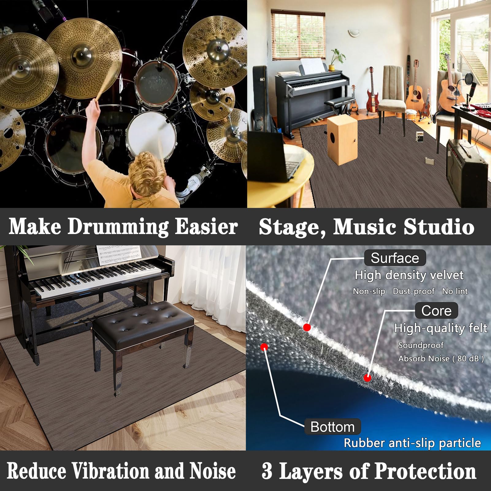 Tappetino antiscivolo per batteria, insonorizzante, per batteria acustica ed elettronica, professionale, per assorbire il rumore, grande, 210 x 180 cm, tappeto per musicisti accessori per batteria