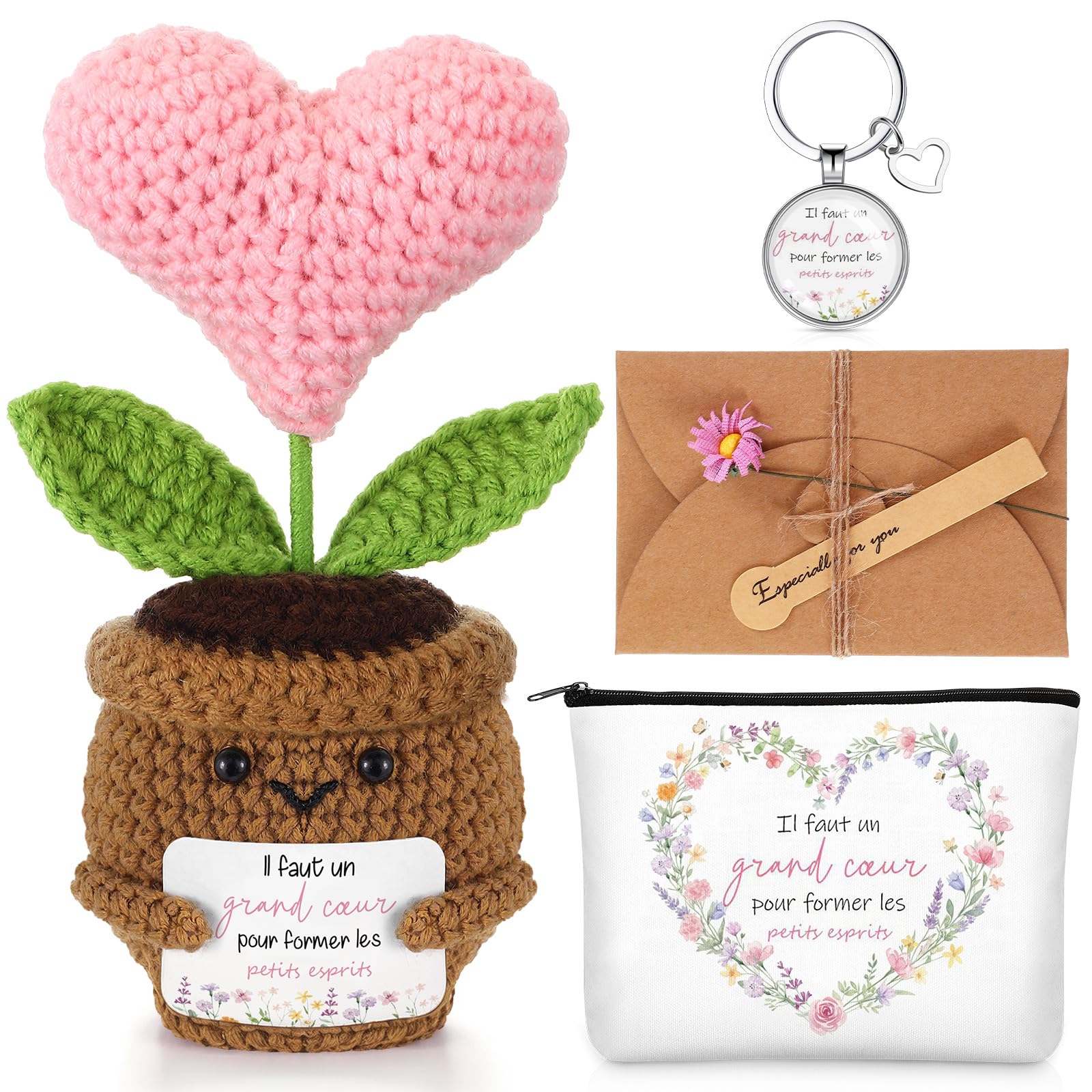 BBTO Cadeau Maitresse Idee Tricotée en Cœur Porte-Clés Trousse de Maquillag Carte de Vœux avec Fleur Séchée Cadeau Maitresse d'École Fin d'Année pour Anniversaire D’Enseignant (Professeur)