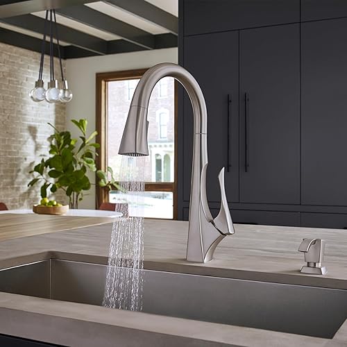 Miniatura 8 de Pfister Venturi F5297VNC - Grifo de cocina con rociador desplegable y dispensador de jabón, mango único, arco alto, acabado cromado pulido, F5297VNC