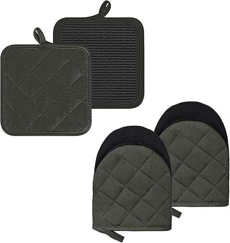 Juego de Manoplas de Horno y Soportes para Ollas, Paquete de 4, Mini Guantes de Cocina de Silicona Resistentes al Calor para 500 Grados, Mini