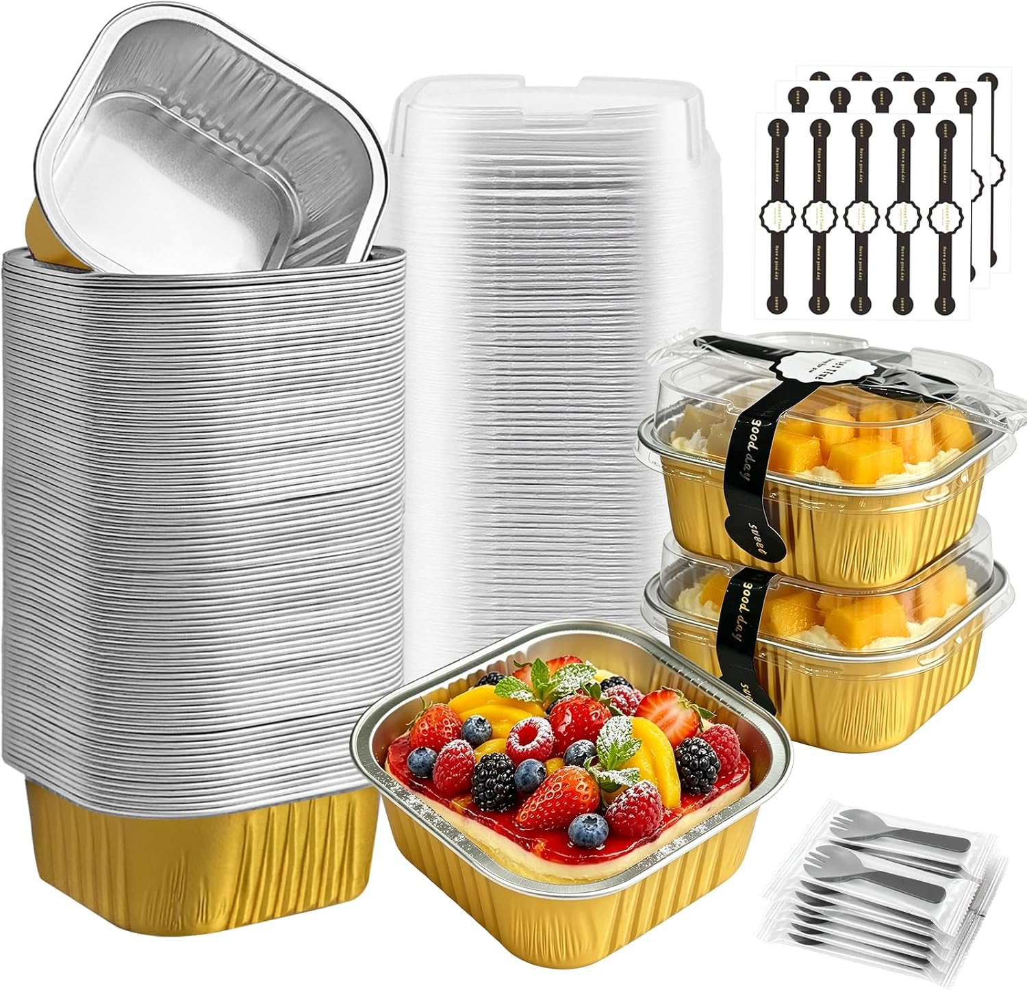 Mini Cake Pans With Lids And Spoons 10 oz 50 Pack Individual Small Cake Aluminum Foil Pans Disposable Square Mini Brownie Baking Cupcake Liners Muffin Tin tins (Gold, 10oz)