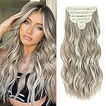 FLIACE Hair Extensions Clip ins, 6 PCS Wavy Extensions, Light Gray&Ash Blonde&Light Brown Thick Hair, Blends Well Hair Extensions (24Inch, 6PCS, Ash Blonde)