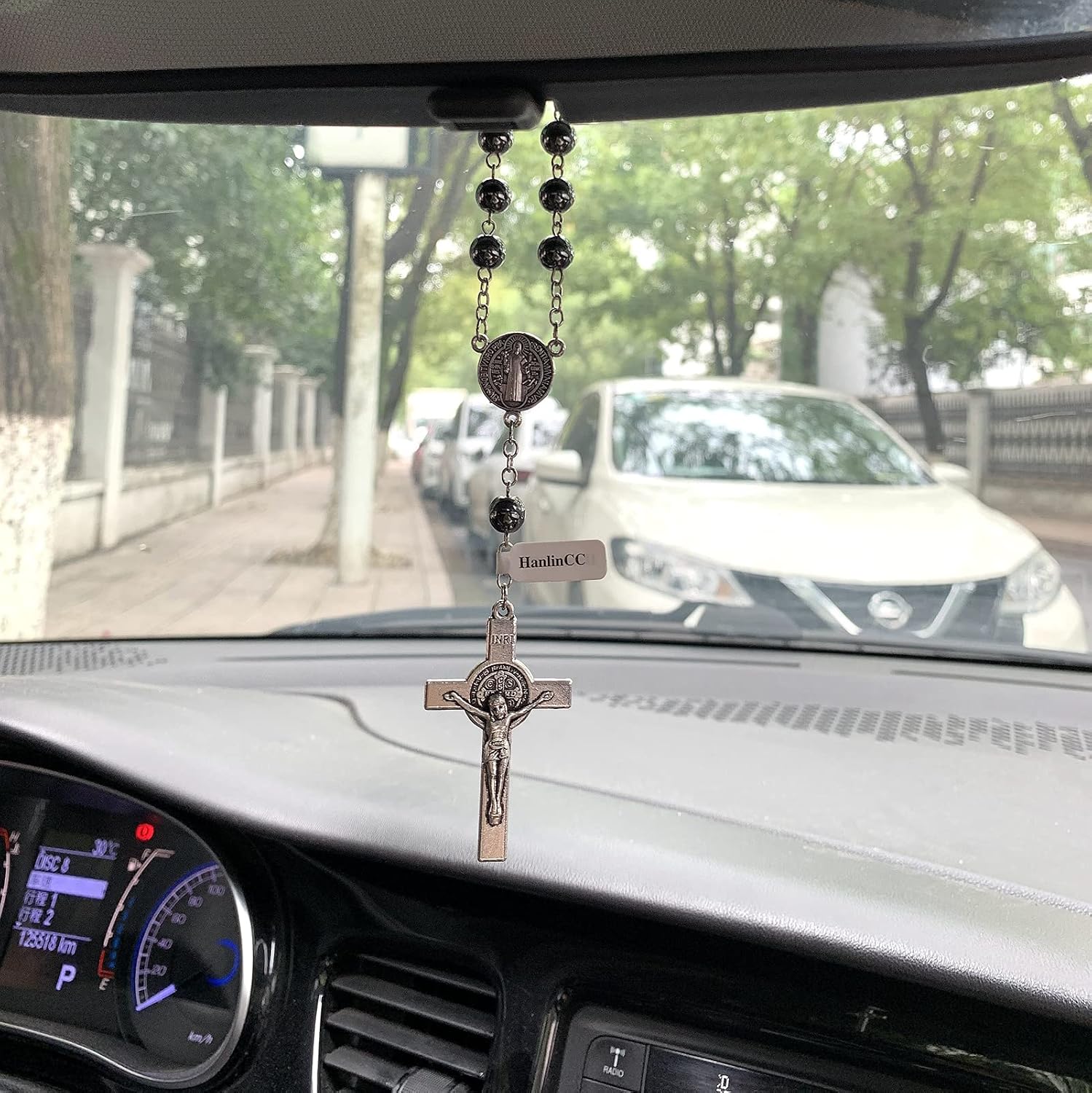 HanlinCC Catholic Car Rearview Decade Rosary St. Benedict Protection Medal